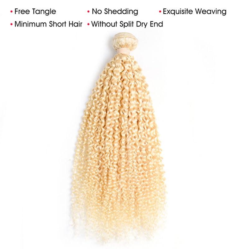 SUPSYOUSF SUPSYOUSF Kinky Curly Blonde Hair Bundles - 613 Human Hair Weaves | 10A Grade Virgin Hair Extensions | Honey Blonde Curly Wave | Double Weft Weave | Soft & Healthy Brazilian Hair | 613 Blonde Curly