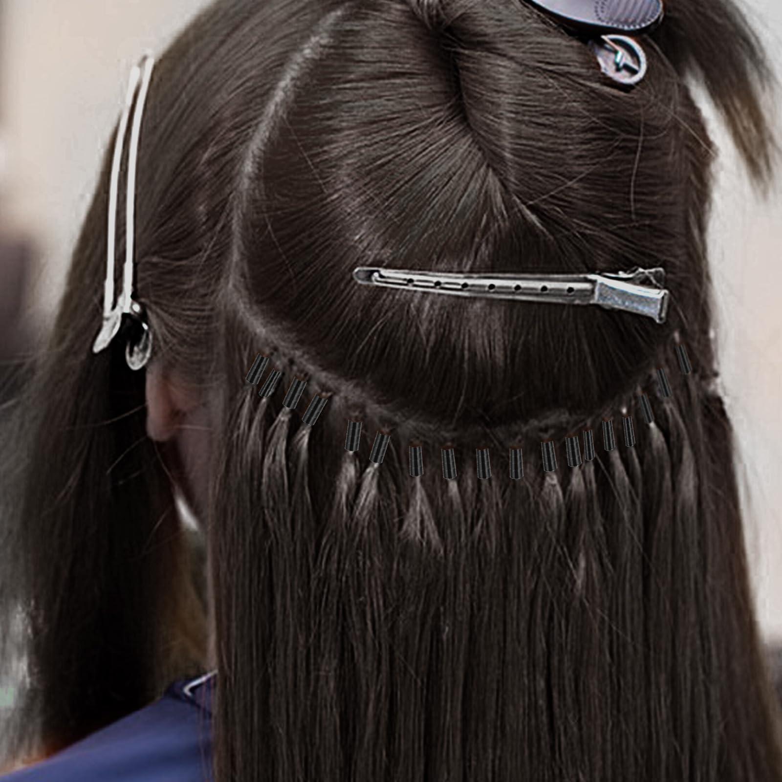 Abeillo 200Pcs Hair Extentions Beads 4mm Silicone Lined Micro Beads with Pulling Hook Needle, Bead Device Tool Kits for Hair Extensions(Black)