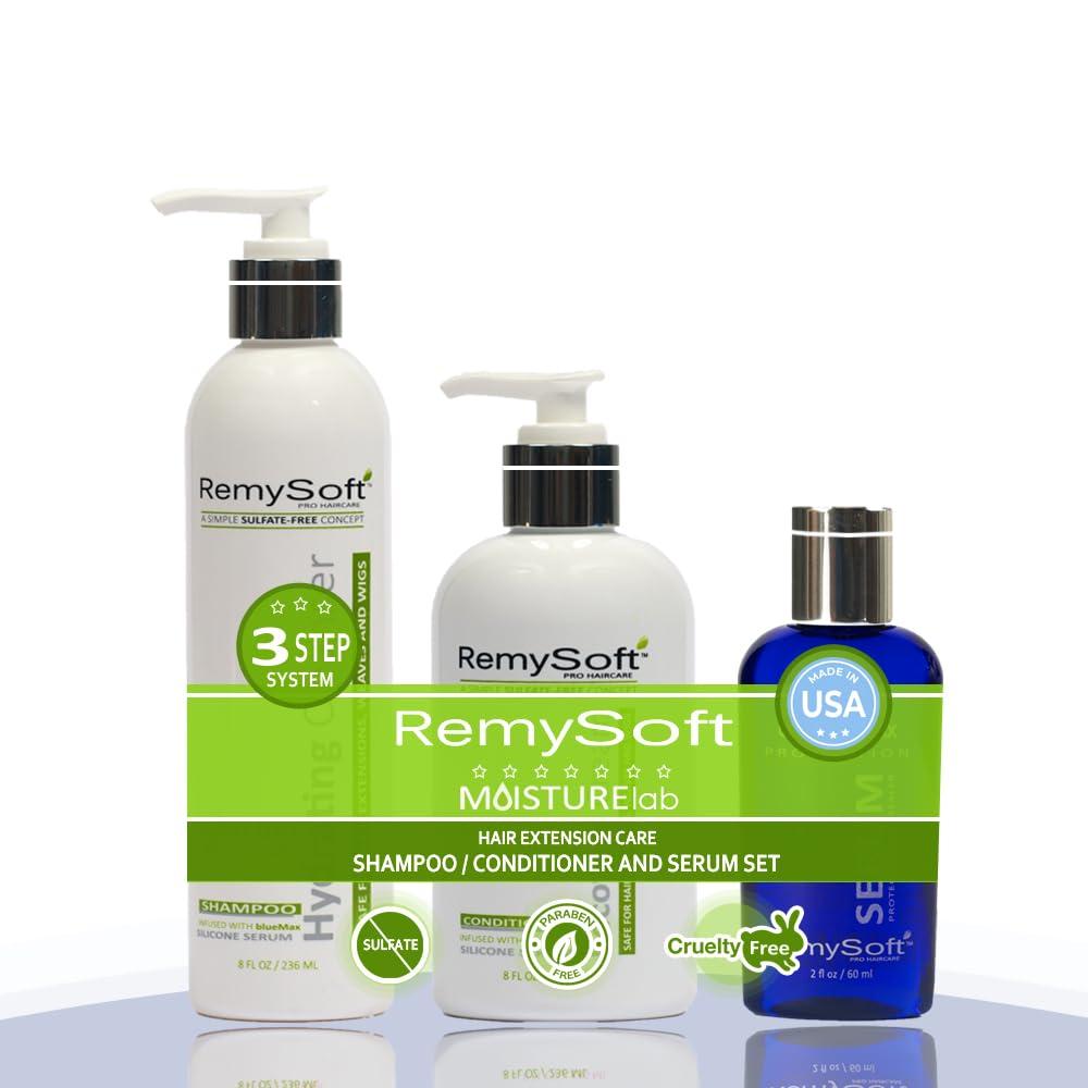 RemySoft RemySoft Moisturelab System - Safe for Hair Extensions, Weaves and Wigs - Salon Formula Shampoo, Conditioner & Serum - Gentle Sulfate-free Lather