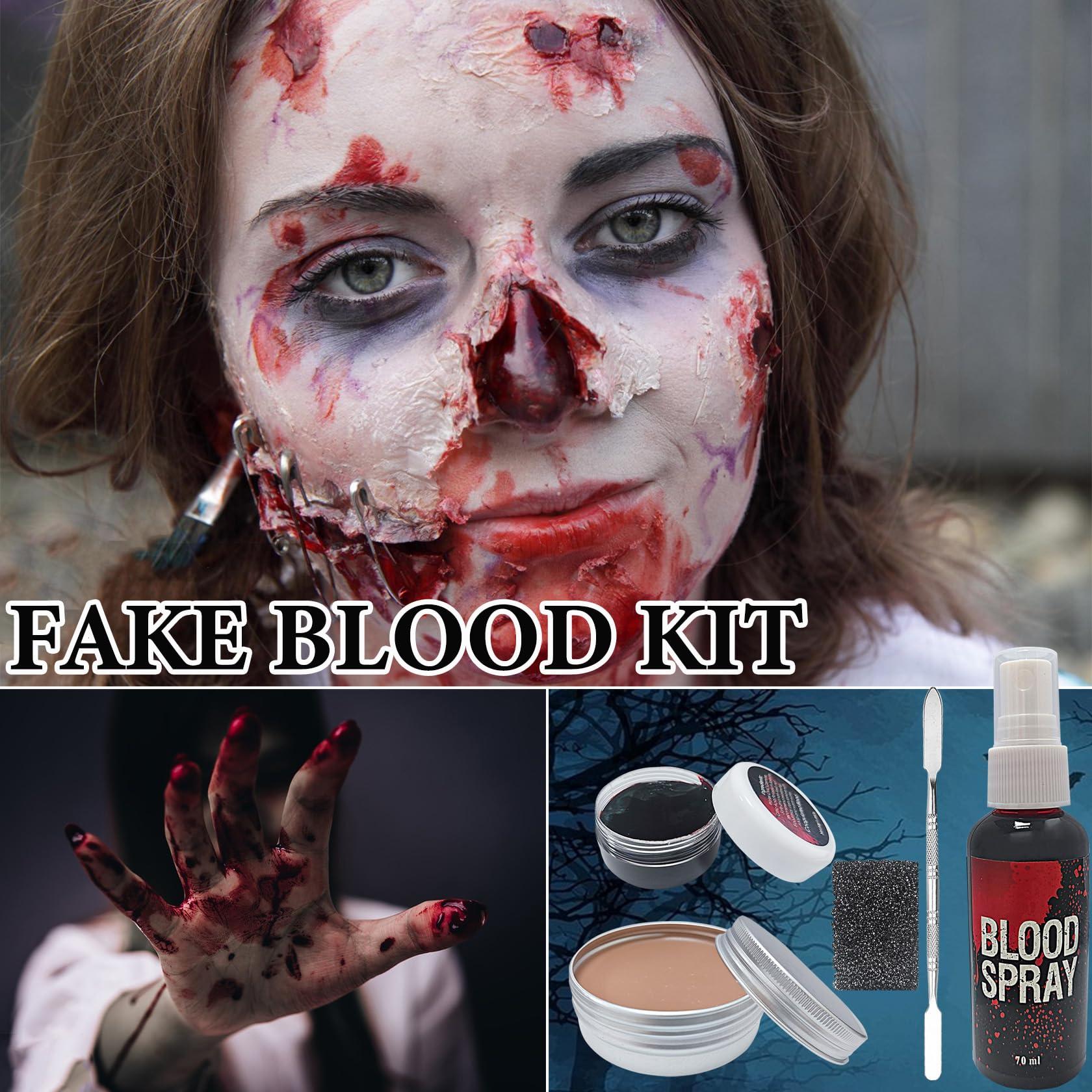 WYBLZPXZ 5 PCS Scar Wax SFX Special Effects Makeup Kit,Fake Blood Washable Spray Makeup,Coagulated Blood Gel with Stainless Steel & Sponge,Halloween Face Body Paint for Vampire Zombie Costumes Makeup