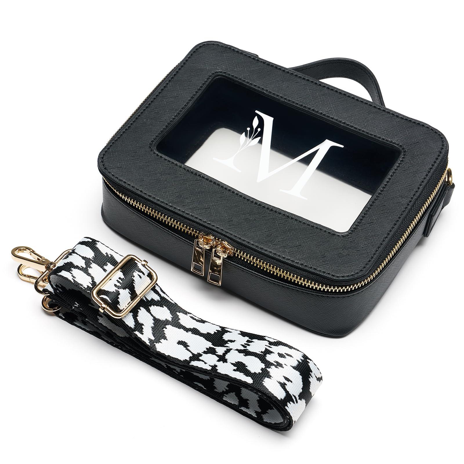 AW BRIDAL AW BRIDAL Initial Makeup Bags Monogram Makeup Bag Clear Toiletry Travel Bag with Shoulder Strap Small Clear Cosmetic Bag Women Clear Makeup Bag with Zipper, Letter M
