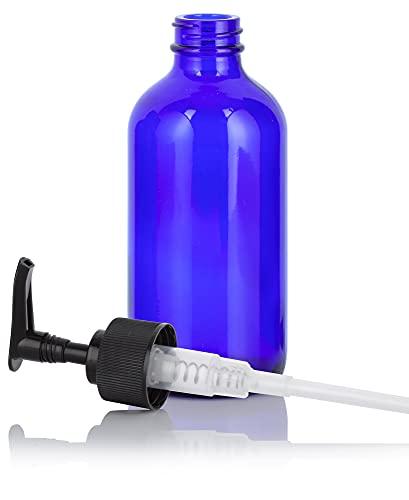 JUVITUS JUVITUS 8 oz Cobalt Blue Boston Round Glass Bottles with Black Lotion Pump (4 pack) + Travel Foamer Bottle