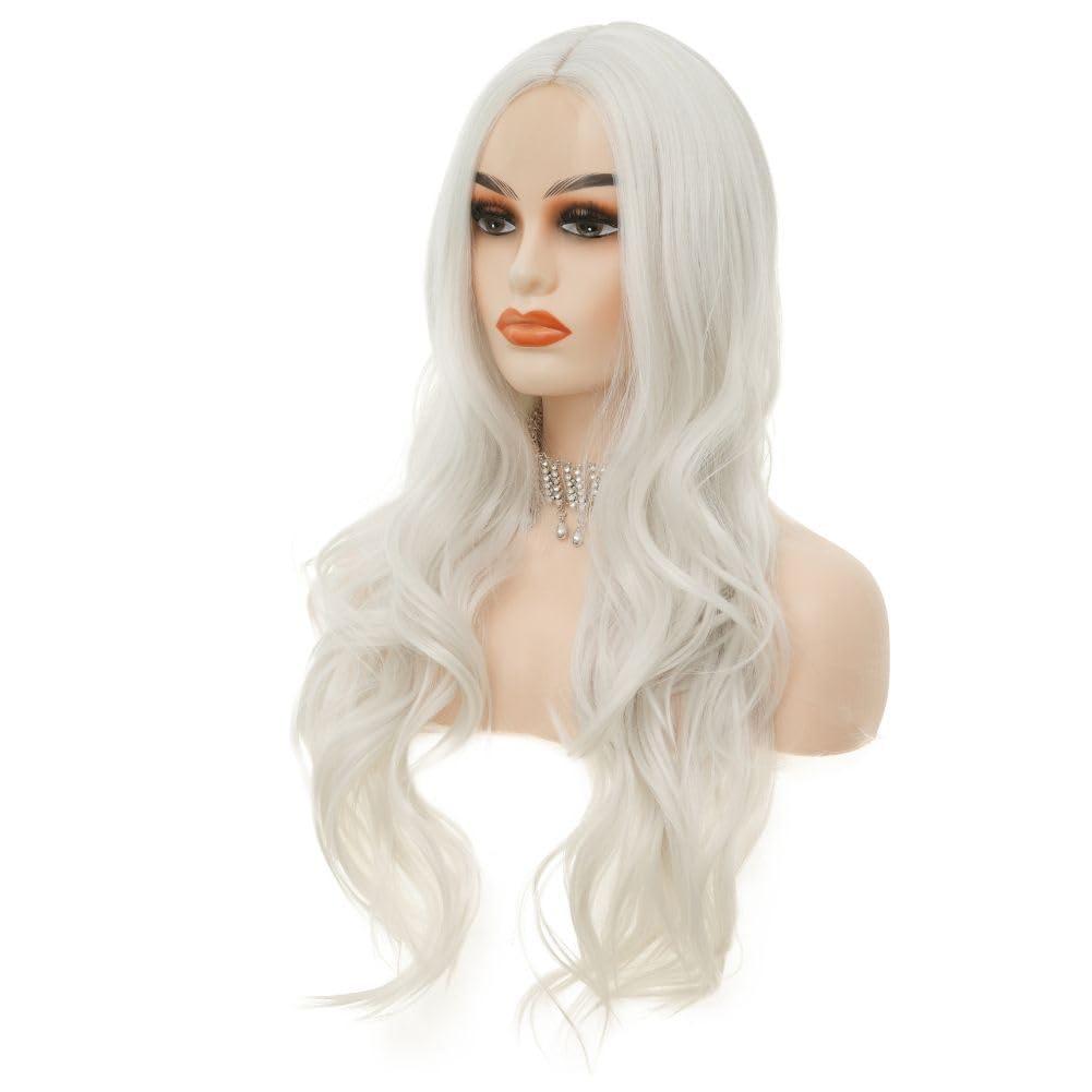 Siudus Siudus White Long Wig Curly Wavy Wigs for Women 26 Inch Synthetic Middle Part Fiber Natural Looking Hair Wig for Halloween Cosplay Party