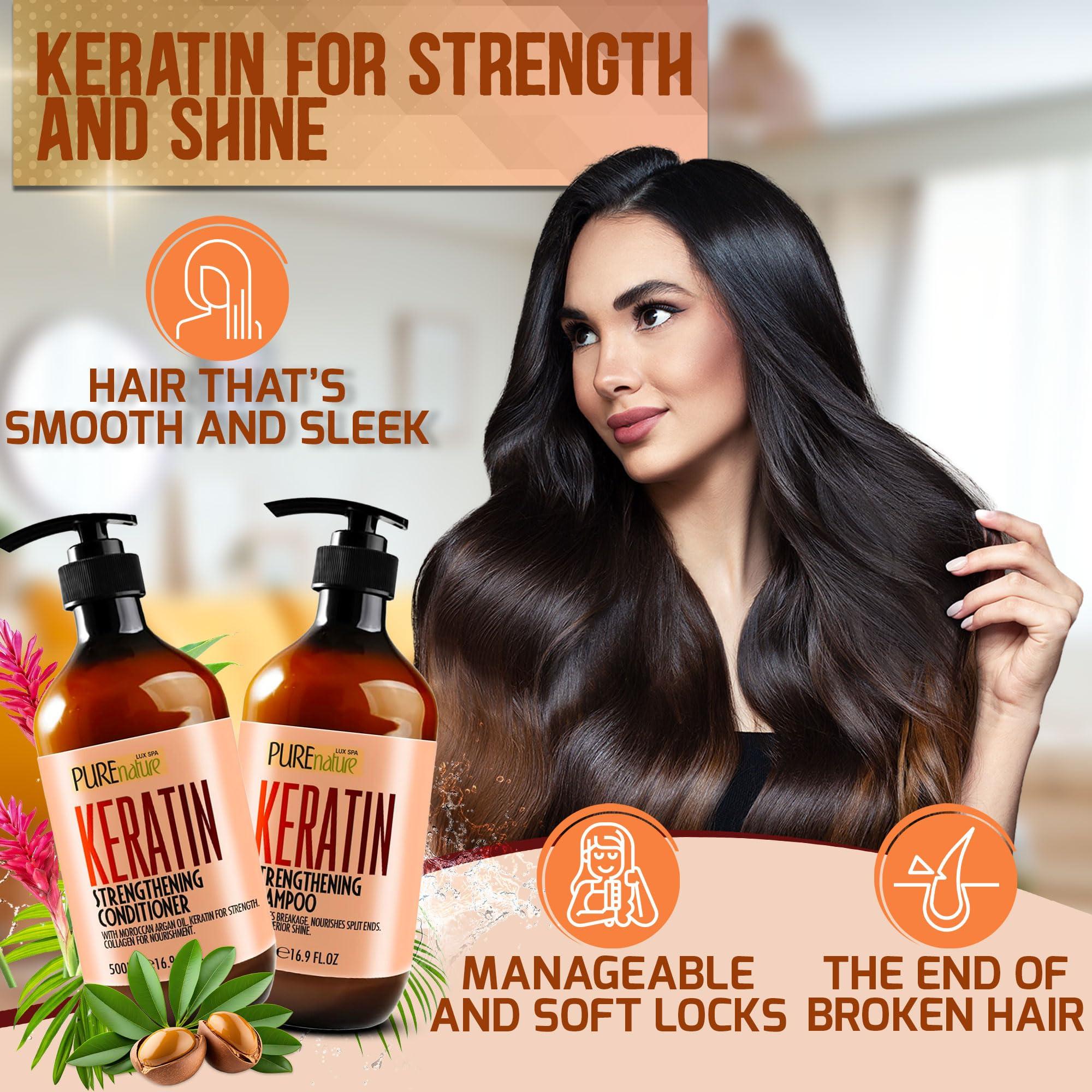 PURE NATURE LUX SPA Keratin Shampoo and Conditioner Set - Sulfate and Paraben Free Treatment for Dry Hair - Anti Frizz, Collagen Enriched Formula for Curly or Damaged Hair - Safe for Men and Women with Color Treated Hair