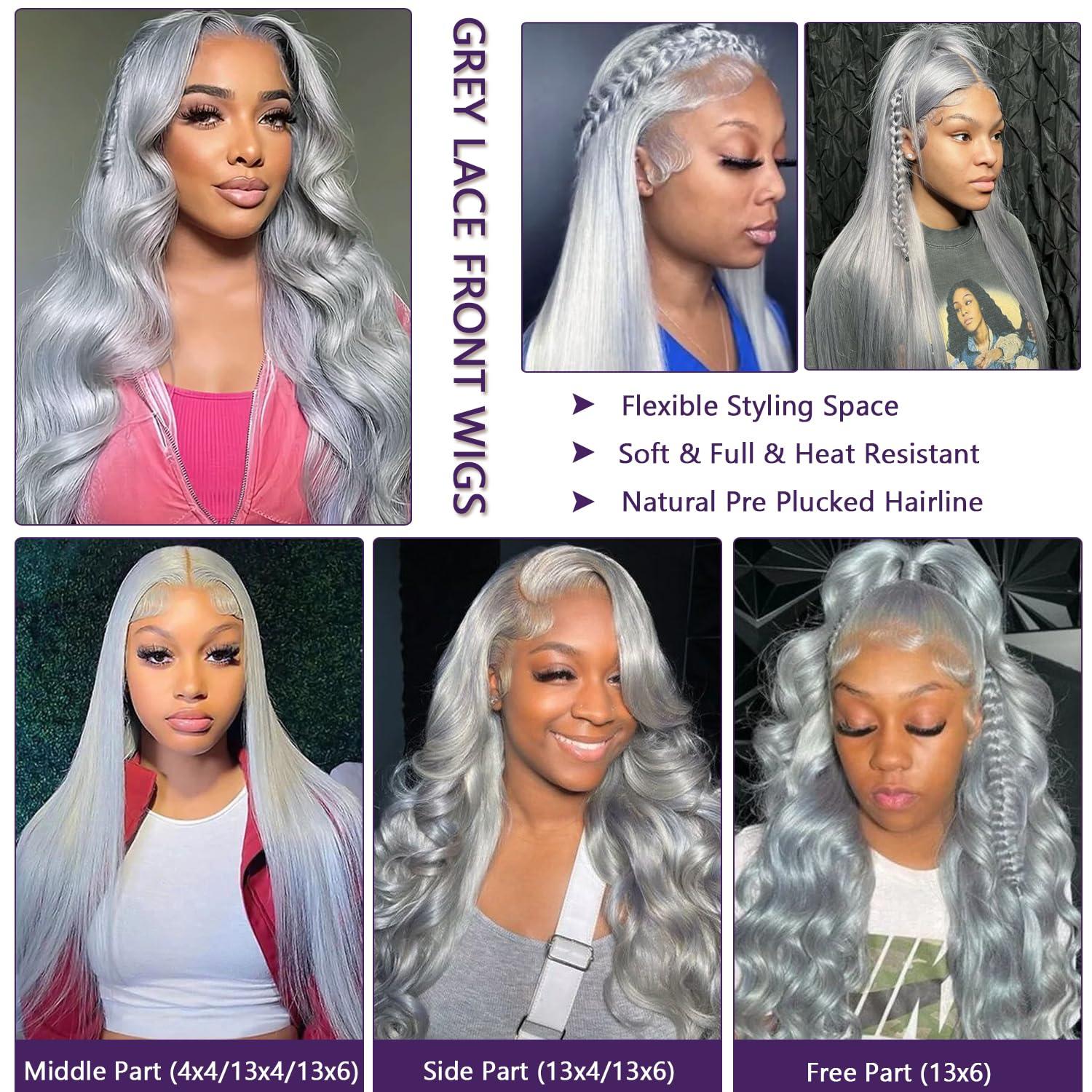 Ubetta Silver Grey Lace Front Wigs Human Hair, 20 Inch 13x6 Grey Wig Human Hair Pre Plucked Glueless HD Lace Front Grey Wigs for Black Women 180% Density Straight Human Hair Lace Front Wigs Colored Grey