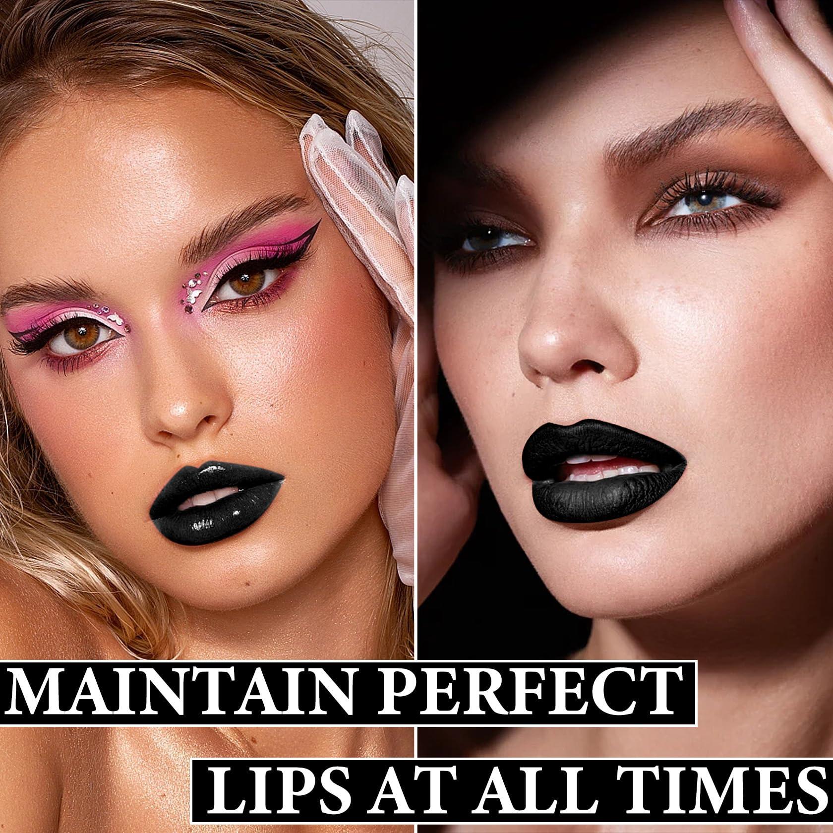 BKPPLZP Black Matte Liquid Lipstick,3 in 1 Black Lip Liner and Lipstick Set,Matte Lip Gloss Long Lasting Moisturizing Velvet Lipgloss Make Up Gift Set Cosplay Goth Halloween Special Effects Makeup Kit