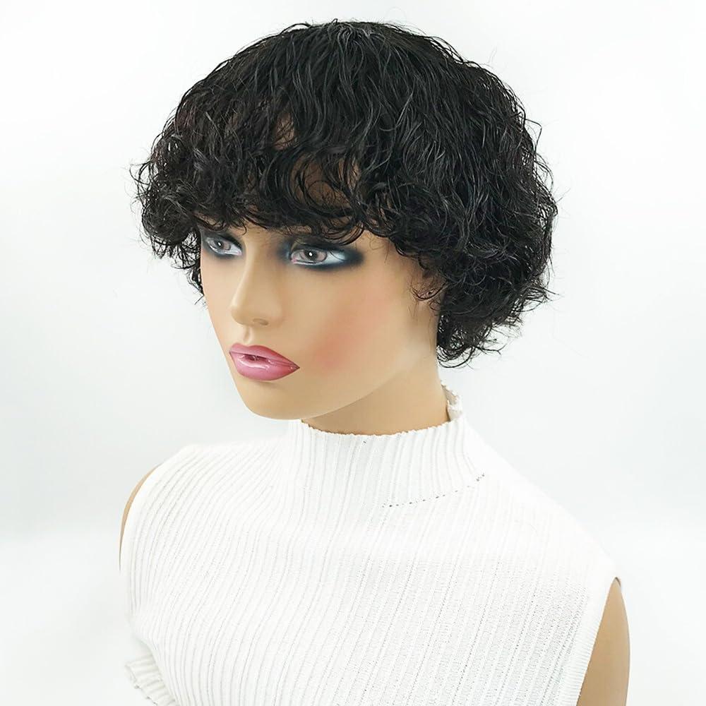 Afinska Afinska Kinky Curly Human Hair Wig Pixie Bob Cut Wig With Bangs Short Pixie Human Hair Wig Curly Pixie Cut Wig Human Hair Natural Black Brazilian Glueless Short Wig Bob Wigs Human Hair