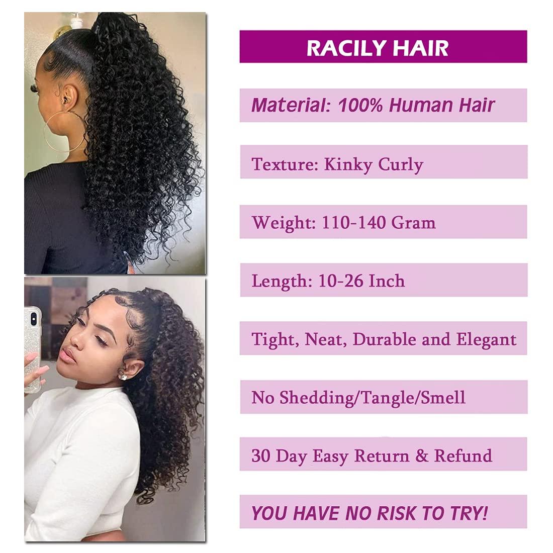 R RACILY HAIR Curly Human Hair Ponytail with Wrap Drawstring 3C Brazilian Hair Weave Natural Color Afro Kinky Curly Hair Piece Clip-in Extensions Hair Pieces for Women (24 Inch, Curly)