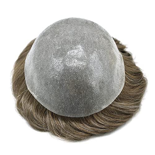 LHC Hair System For Men 0.1MM Full Poly Toupee For Men Human Hair ComfortableWiht durable Mens Hair Pieces Protesis Capilar Para Hombre (8\'\'*10\'\', #740 7# VERY LIGHT BROWN WITH 40% SYNTHETIC GREY -110% light to medium density)