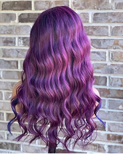 HAOKE Highlight Purple Wig Ombre Purple Blue Wigs For Women Pre Plucked Bleached Knots Lace Front Wig Body Wave Lace Front Wigs Human Hair(16inch, Purple Blue)