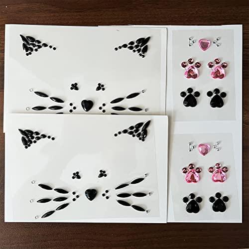 LEOARS Crystal Cat Face Jewels, Pink Cat Print Gems, 2-Sheet Black Cat Eye Gems Sticker and 2-Sheet Fake Cat Lash Gems Tattoo Stick on Face for Women Kids Cat Halloween Makeup