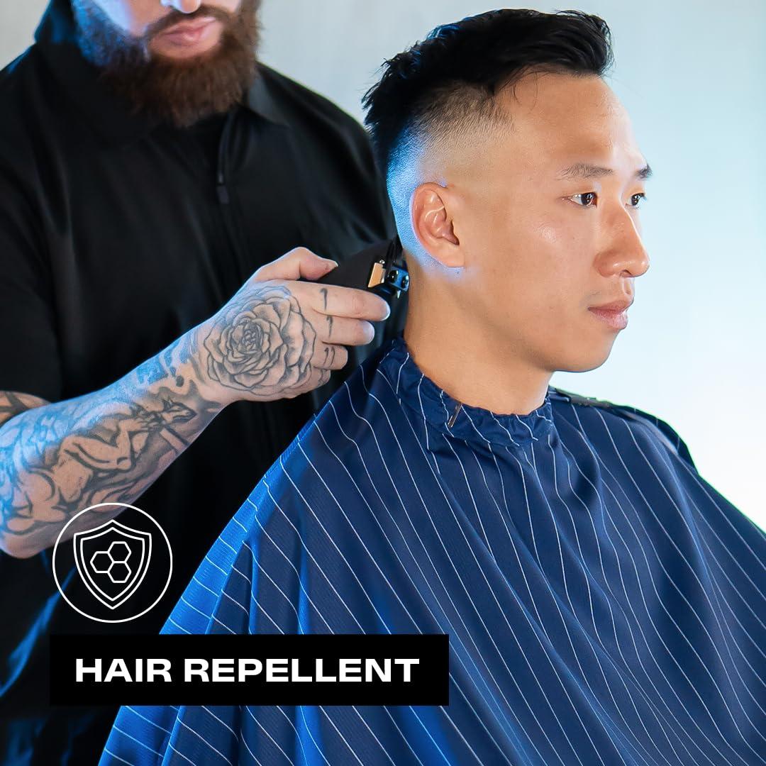 Barber Strong Barber Strong The Barber Cape Haircut Cover for Men, Hair Repelling and Static-Reducing Material, Flexible Elastic Neckband, Water Resistant Fabric, Oversized for Complete Coverage - Blue/White Stripe