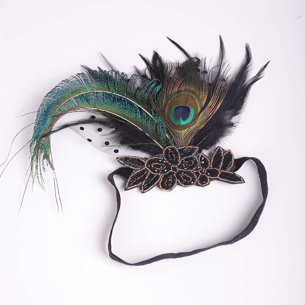 Aimimier Aimimier 1920s Flapper Peacock Feather Headband Beaded Sequined Costume Headpiece with Elastic Band Carnival Party Showgirl Roaring Hair Jewelry