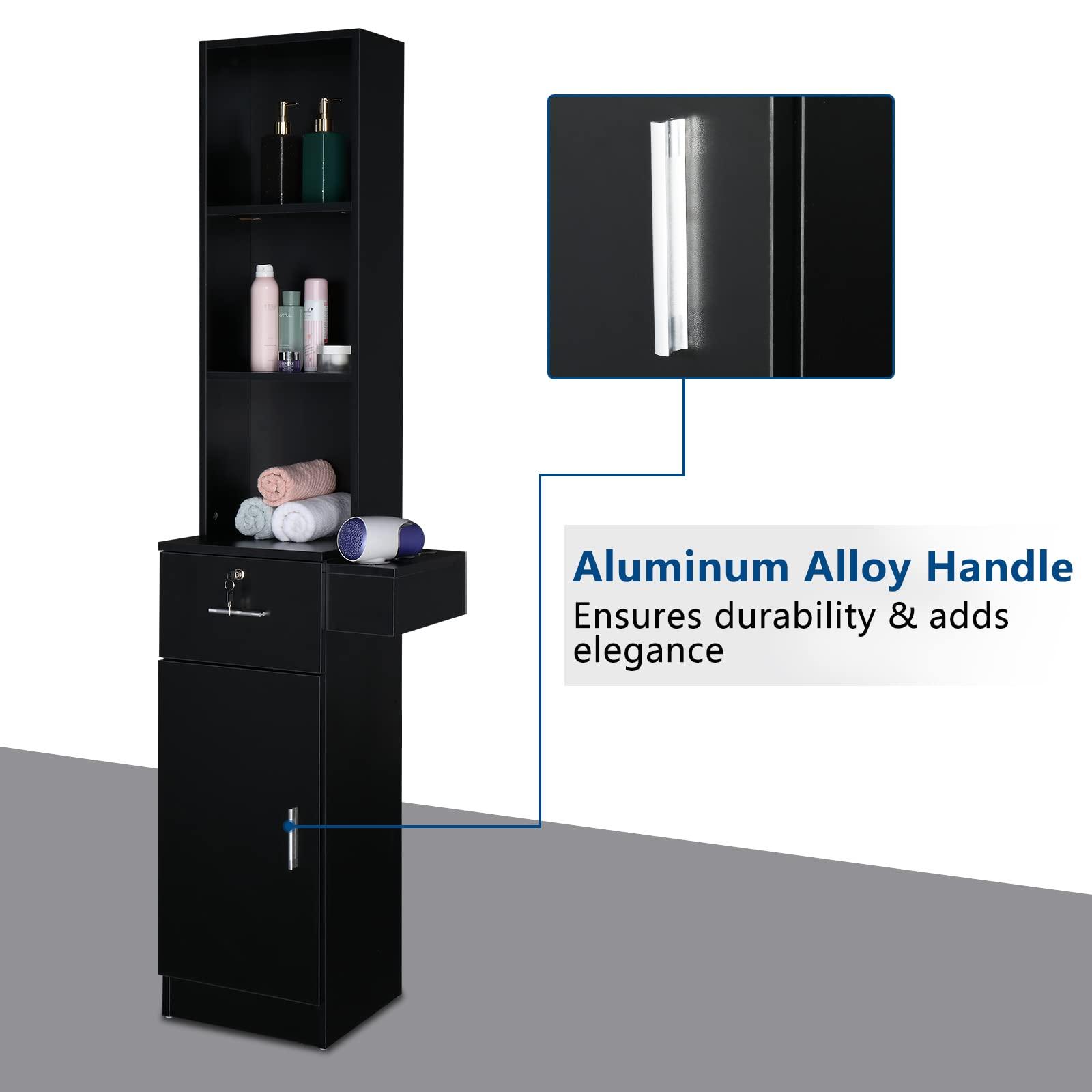 OmySalon OmySalon Salon Hair Styling Station, Barber Salon Equipment with a 3-Tier Storage Shelf, 1 Drawer, a Large Storage Cabinet and 3 Hair Dryer Holders, Black