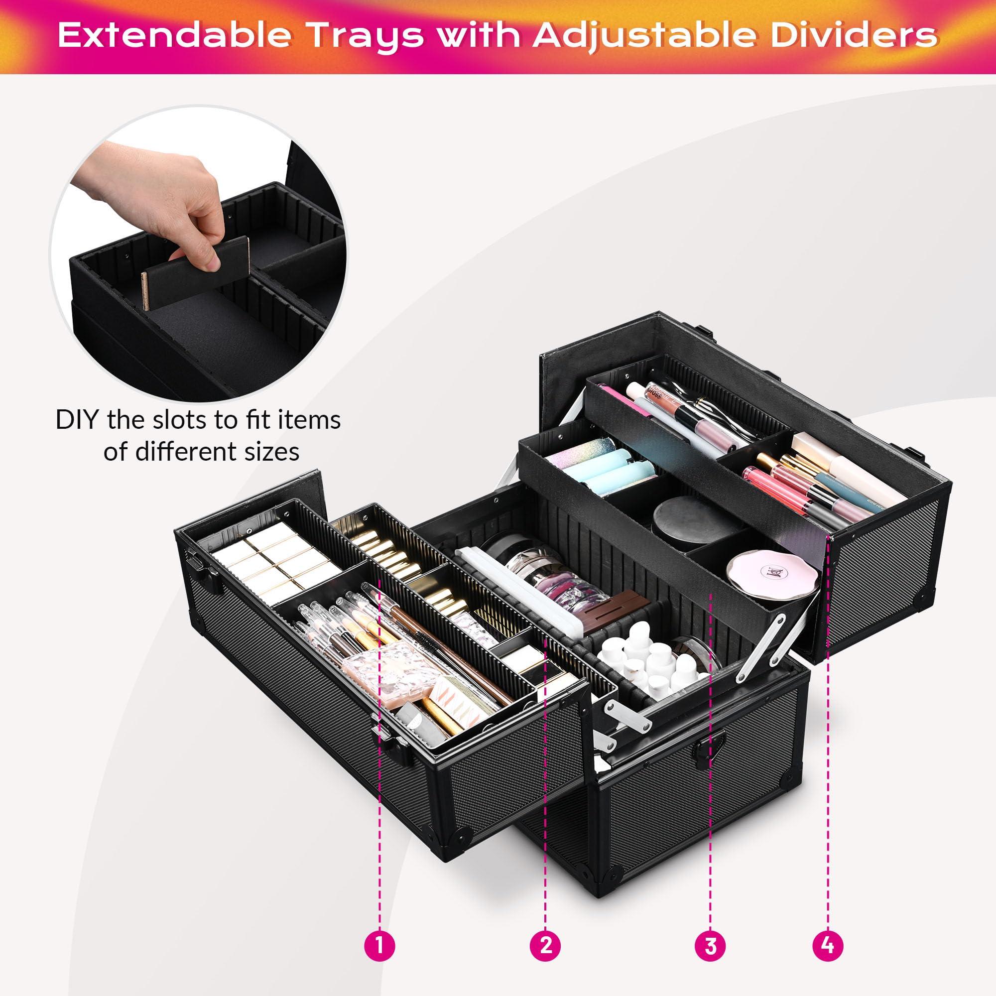 BYOOTIQUE BYOOTIQUE Makeup Train Case Pro Adjustable 4 Sliding Trays Cosmetic Case Storage Organizer Box Lockable Compartments 14 Inch Salon Beauty Large, Black