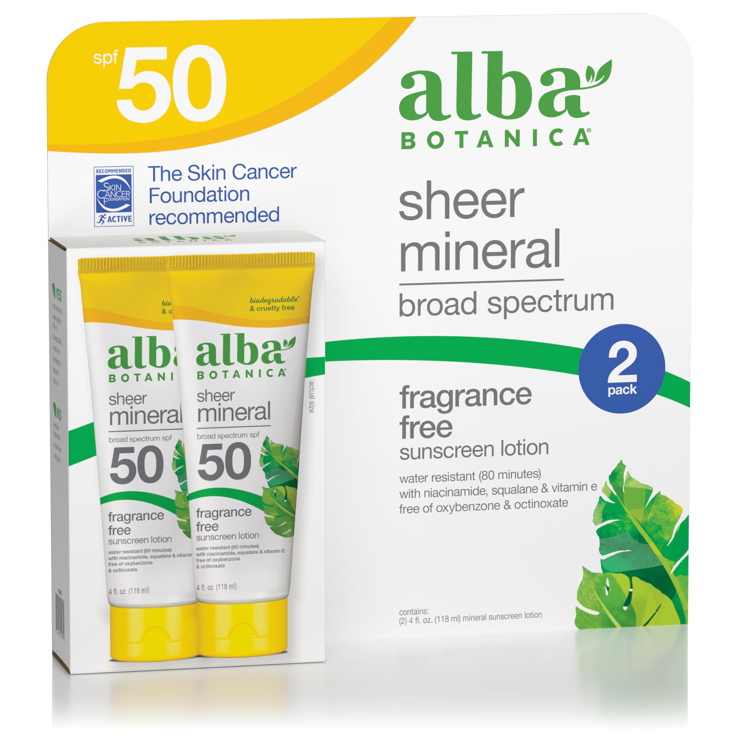 Alba Botanica Alba Botanica Mineral Sunscreen Lotion, Broad Spectrum SPF 50 Sunscreen, Water Resistant and Biodegradable, 4 fl. oz. (Pack of 2)