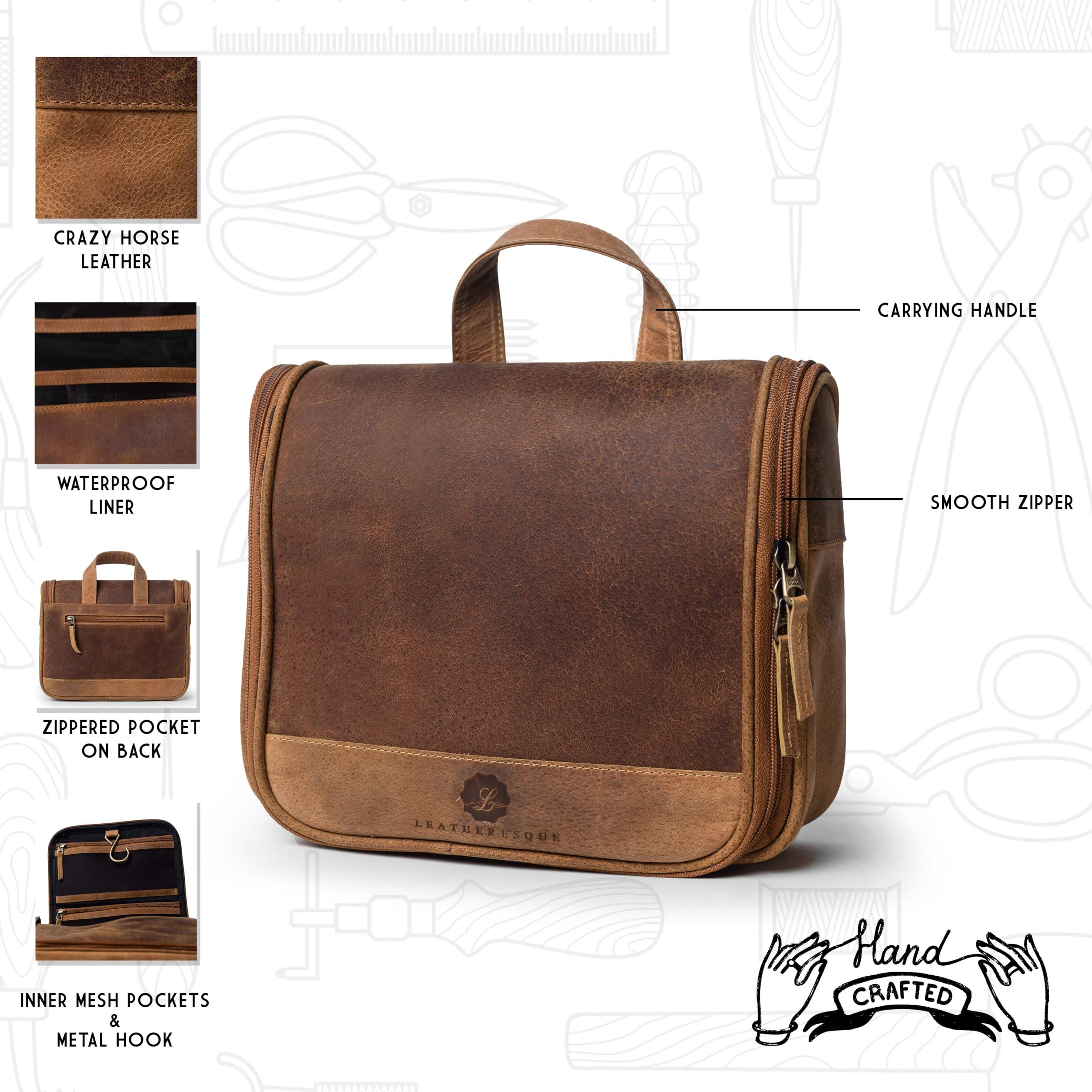 L LEATHERESQUE L LEATHERESQUE Lincoln Genuine Buffalo Pull-up Leather Hanging Toiletry Bag Dopp Kit Shaving Kit Cosmetics Bag Travel Case