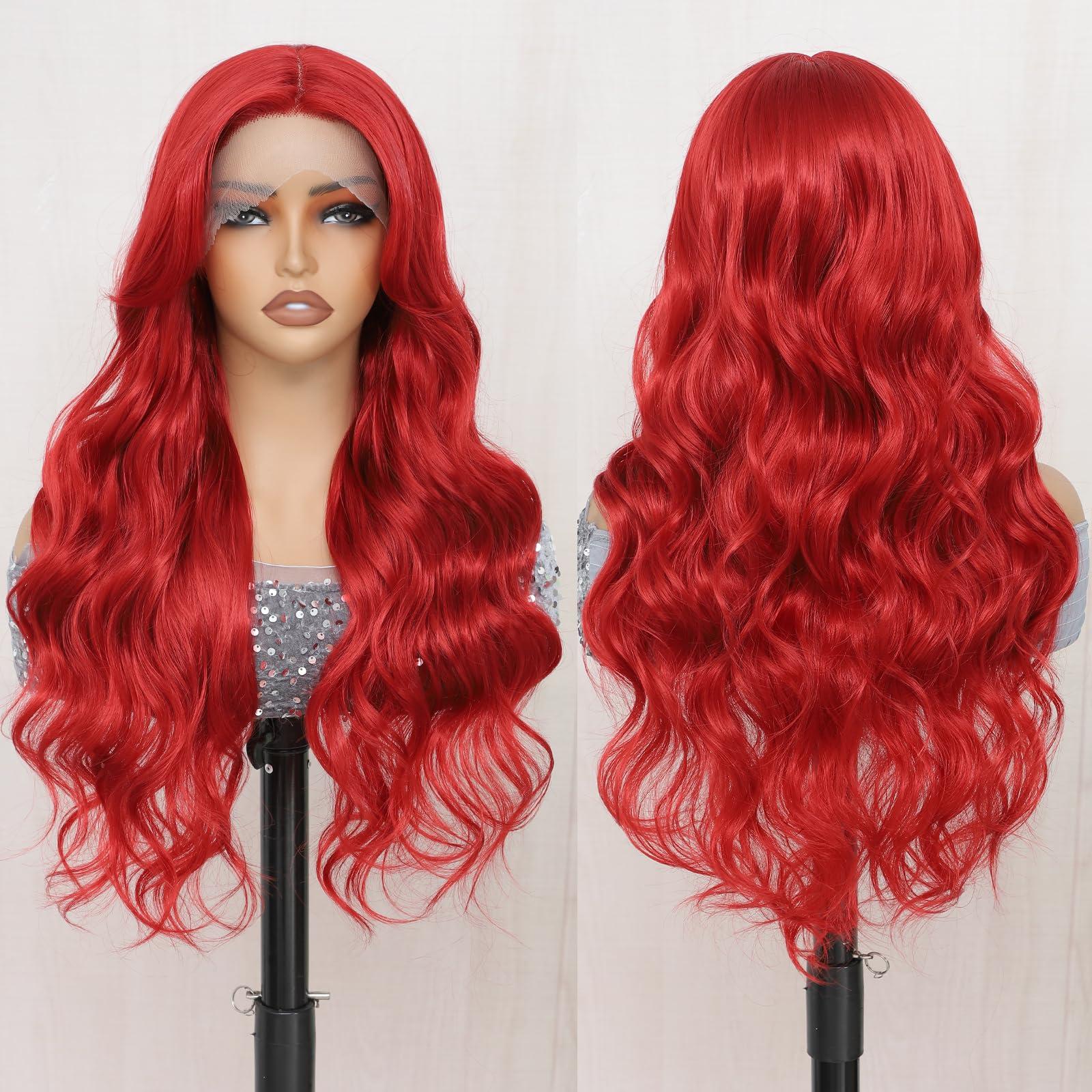 Drehande Drehande Red Lace Front Wig Synthetic Lace Front Wig Body Wave Heat Resistant Hair 13x4x1 T-part Lace 26 Inch Pre-plucked Glueless Lace Wigs for Women (Red, 26Inch)