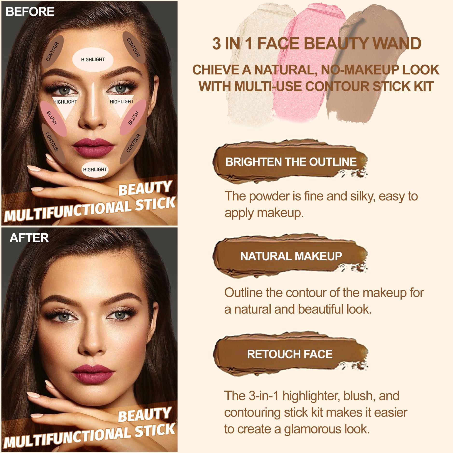 Lezero 3Pcs Cream Contour Stick Makeup Kit, Shades with Highlighter Stick, Blush Stick and Bronzer Stick for Sculpt the Cheeks and Body, Long Lasting,Waterproof, Dewy & Matte Finish, LIGHT(#01,03,04)