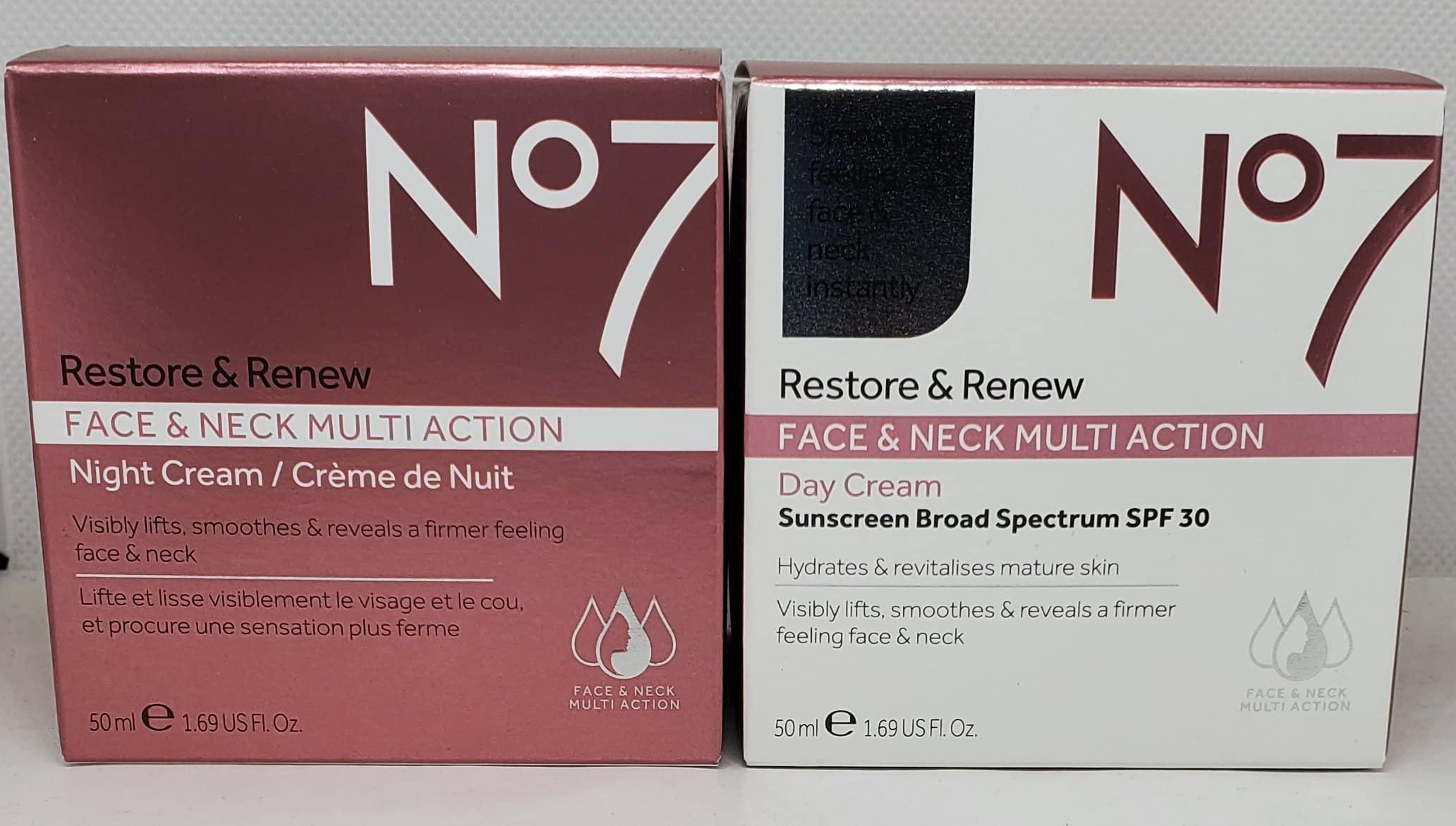 No.7 No7 Restore & Renew FACE & NECK MULTI ACTION Day/Night Creams 2 x 50ml