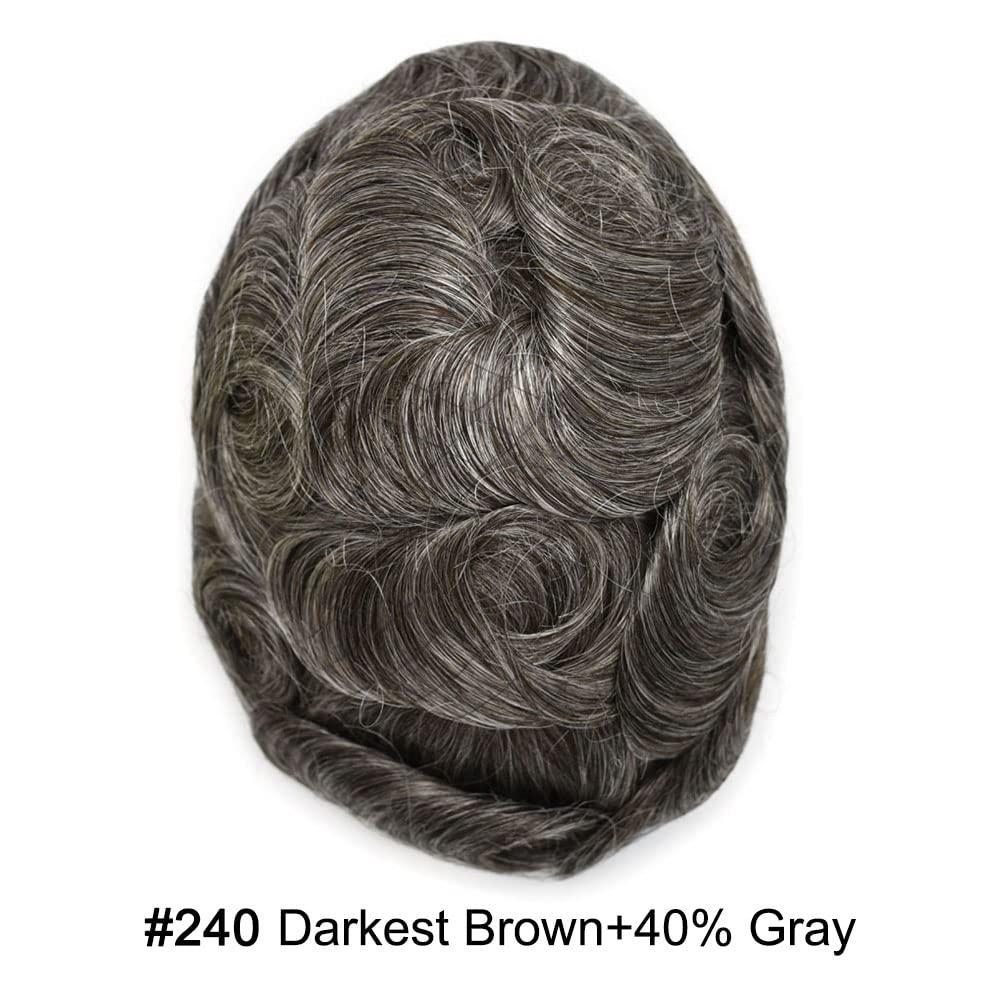 Hair Wonders Hair Wonders Hair System For Men Swiss Lace Men Toupee Hair Piece For Men Lace Front Toupee For Men Real Human Hair Mens Hair Replacement System 7x9-90% light density#240 2# DARKEST BROWN+40% GREY
