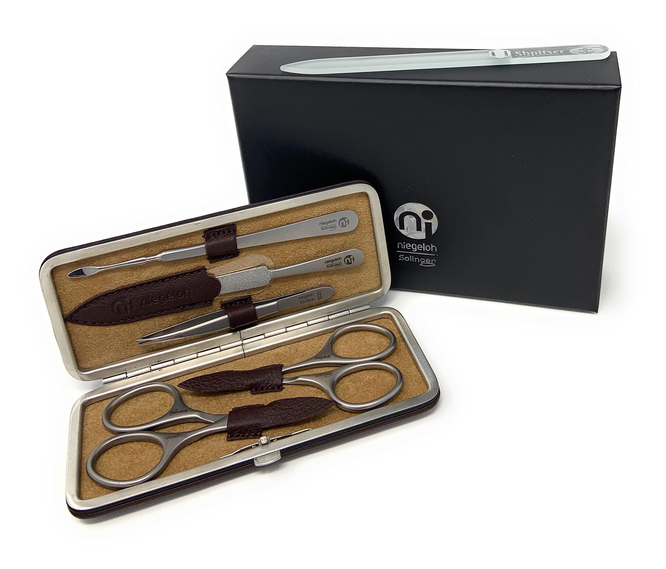 Niegeloh Niegeloh Solingen TopInox Surgical Stainless Steel Luxuries Manicure Set Grooming kit In Quality Nappa Leather Case Made in Germany Plus BONUS: SHPITSER Crystal Glass Nail File