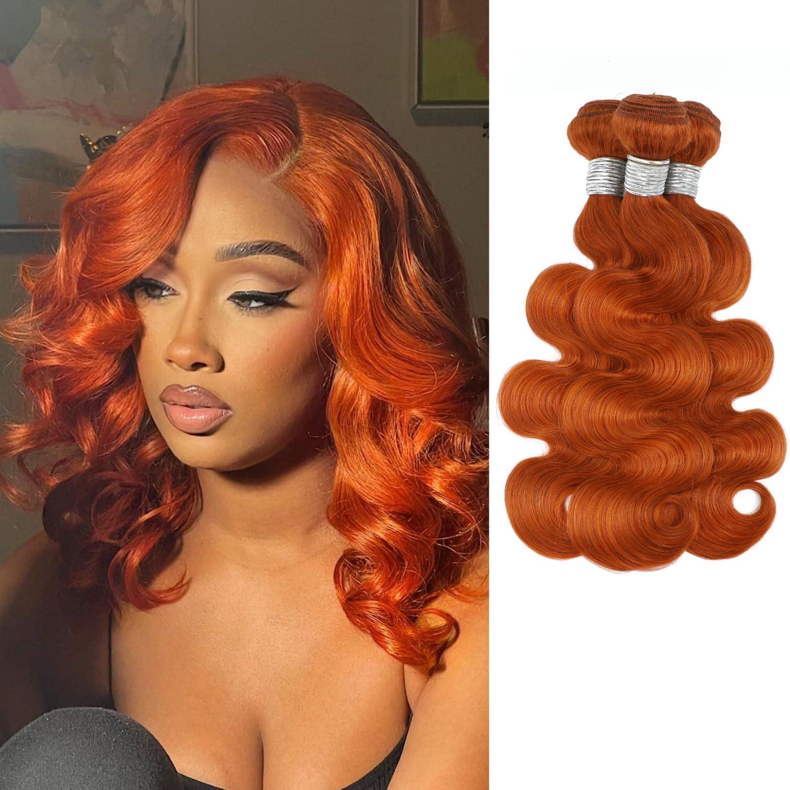 ALHER ALHER Ginger Bundles Human Hair Body Wave Ginger Bundles 350 Bundles Human Hair Sew In Weave Wavy 3 Bundles for Black Women 10A 100% Brazilian Remy Hair Soft Thick Copper Orange Color 10 12 14 Inch
