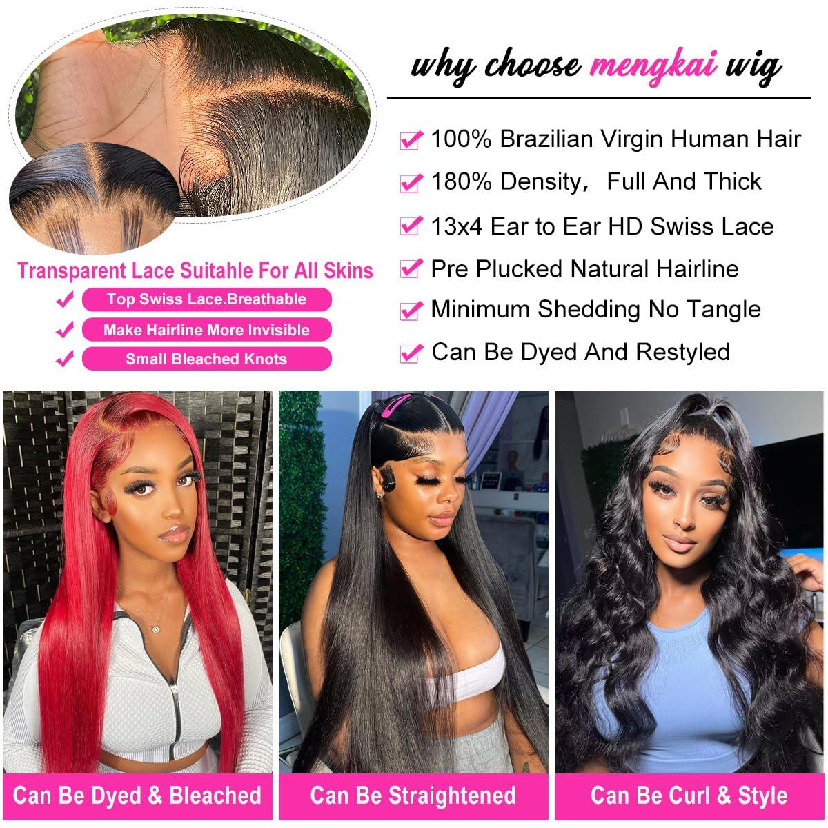 mengkai mengkai 34 Inch Straight Lace Front Wigs Human Hair Pre Plucked Bleach Knots Hairline Glueless 180% Density 134 HD Lace Front Wigs Human Hair Straight Human Hair Wigs for Women with Baby Hair