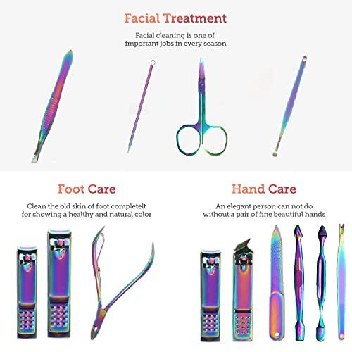 SFYDOM Manicure Set Professional Nail Clippers Kit Pedicure Care Tools- Stainless Steel Women Grooming Kit 18Pcs for Travel or Home (Dot Pattern - Rainbow)