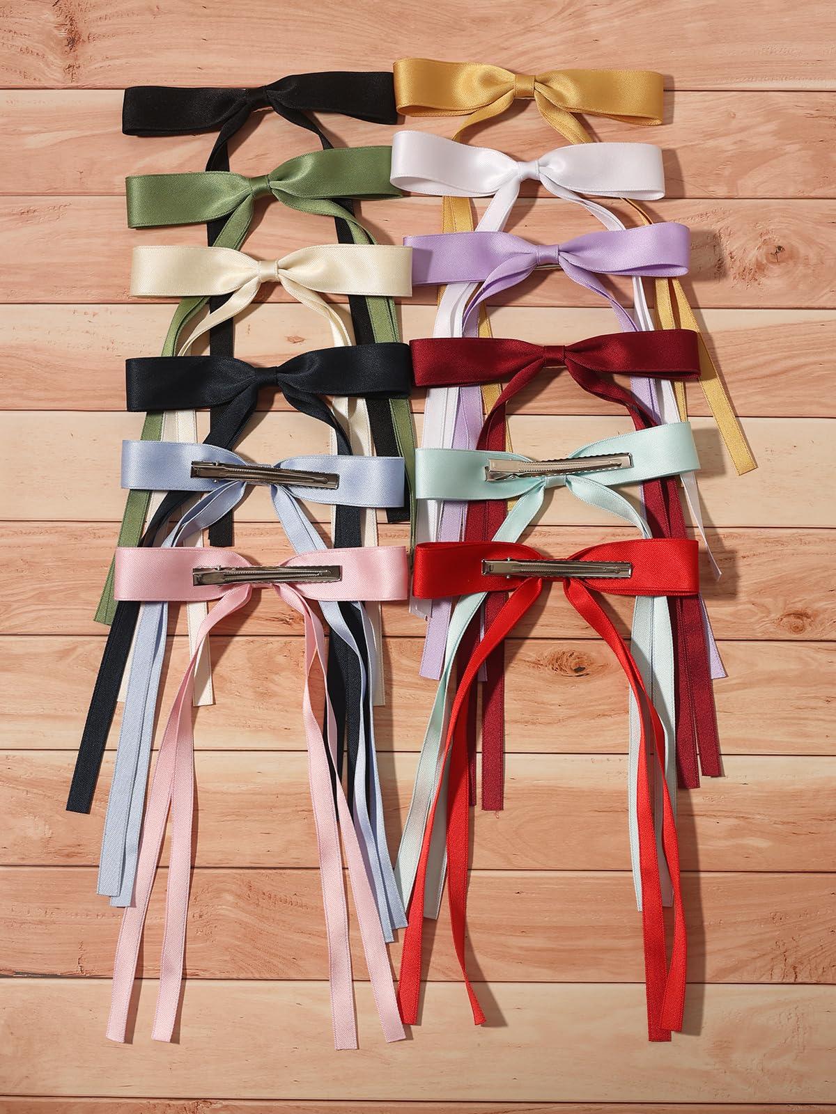 LFOUVRE Navy Blue Bow with 12pcs Ribbon Hair Bows for Women