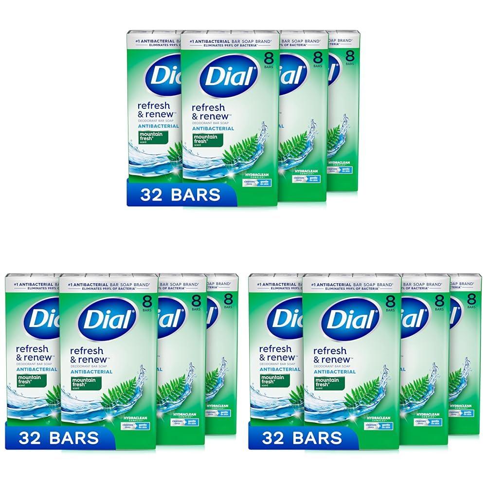Dial Dial Antibacterial Bar Soap, Refresh & Renew, Mountain Fresh, 4 oz, 32 Bars (Pack of 3)