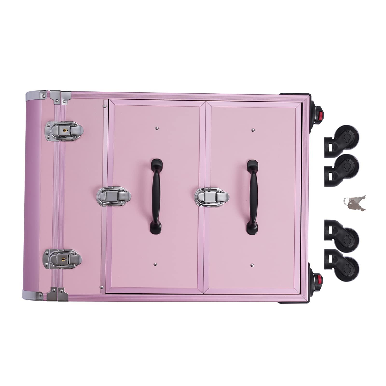 DYRABREST Rolling Makeup Case, Professional Rolling Makeup Train Case with Drawers, Cosmetic Trolley with Locks, Cosmetics Storage Organizer Make up Case for Travel Makeup/Nail Art/Hair Styling (Pink)