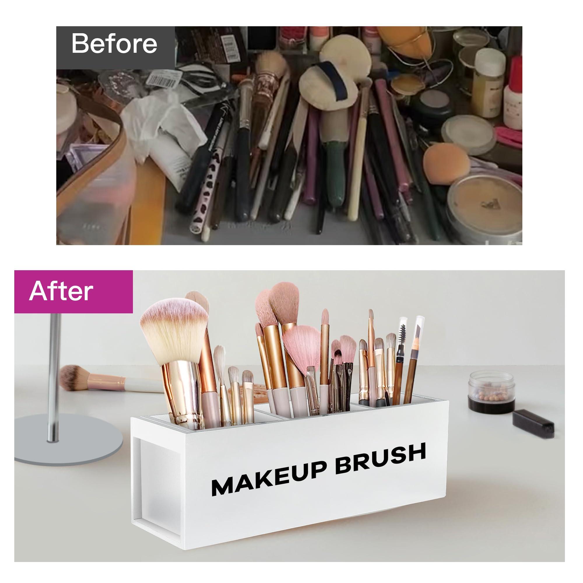 Suli Suli Large Makeup Brush Holder Organizer, Wooden Cosmetic Brushes Storage with 3 Slots, Eyeliners Display Case for Vanity Desktop Bathroom Countertop -White