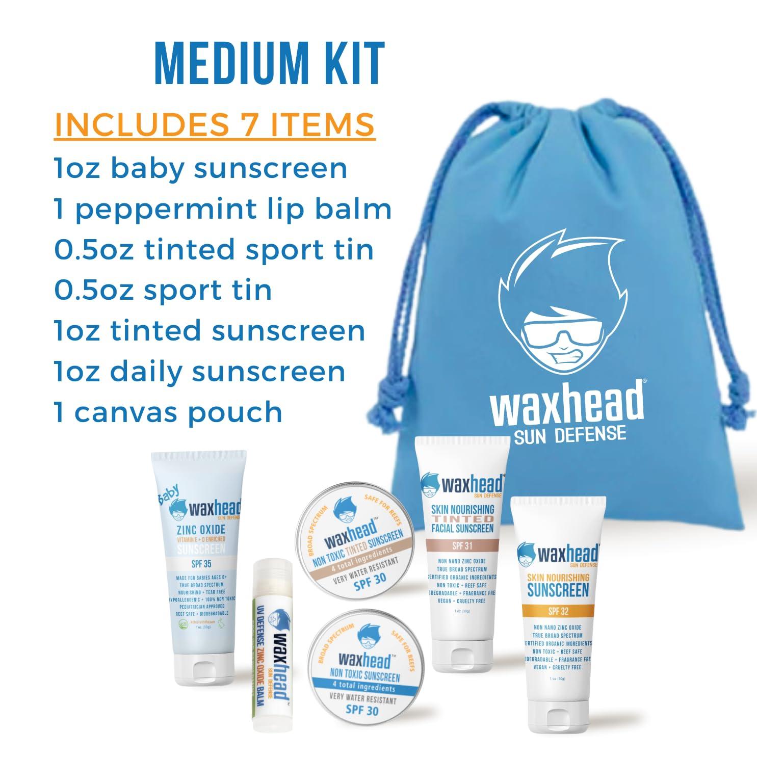 Waxhead Sun Defense Foods Waxhead Travel Size Sunscreen Sampler Box - Non-Nano Zinc Oxide, Coral Reef Safe, Biodegradable Sunblock SPF 30. Zinc Lip Balm, Solid Mini Paste Tins (.5oz) Tinted, Baby + Everyday (1oz) in Canvas Bag