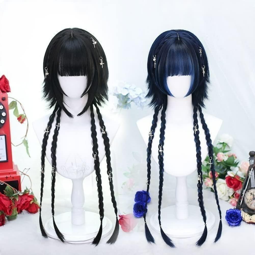 SCORRO Hime Cut Long Straight Black Layered Hair Lolita Bob Wig Hair with Bangs, Pre-styled Jellyfish Braided Hair Wig for Women Girls, Party Wig Halloween Daily Wigs (braided Styling,natural Black)