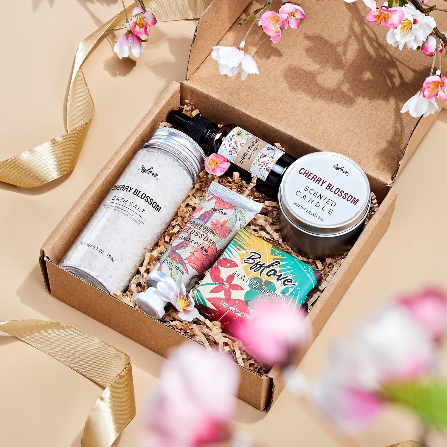 # BFFLOVE Gifts for Women BFFLOVE Gift Set for Women 5pcs Cherry Blossom Spa Set, Birthday Gifts for Women with Massage Oil, Scented Candle, Bath Salts, Hand Cream, Christmas gifts