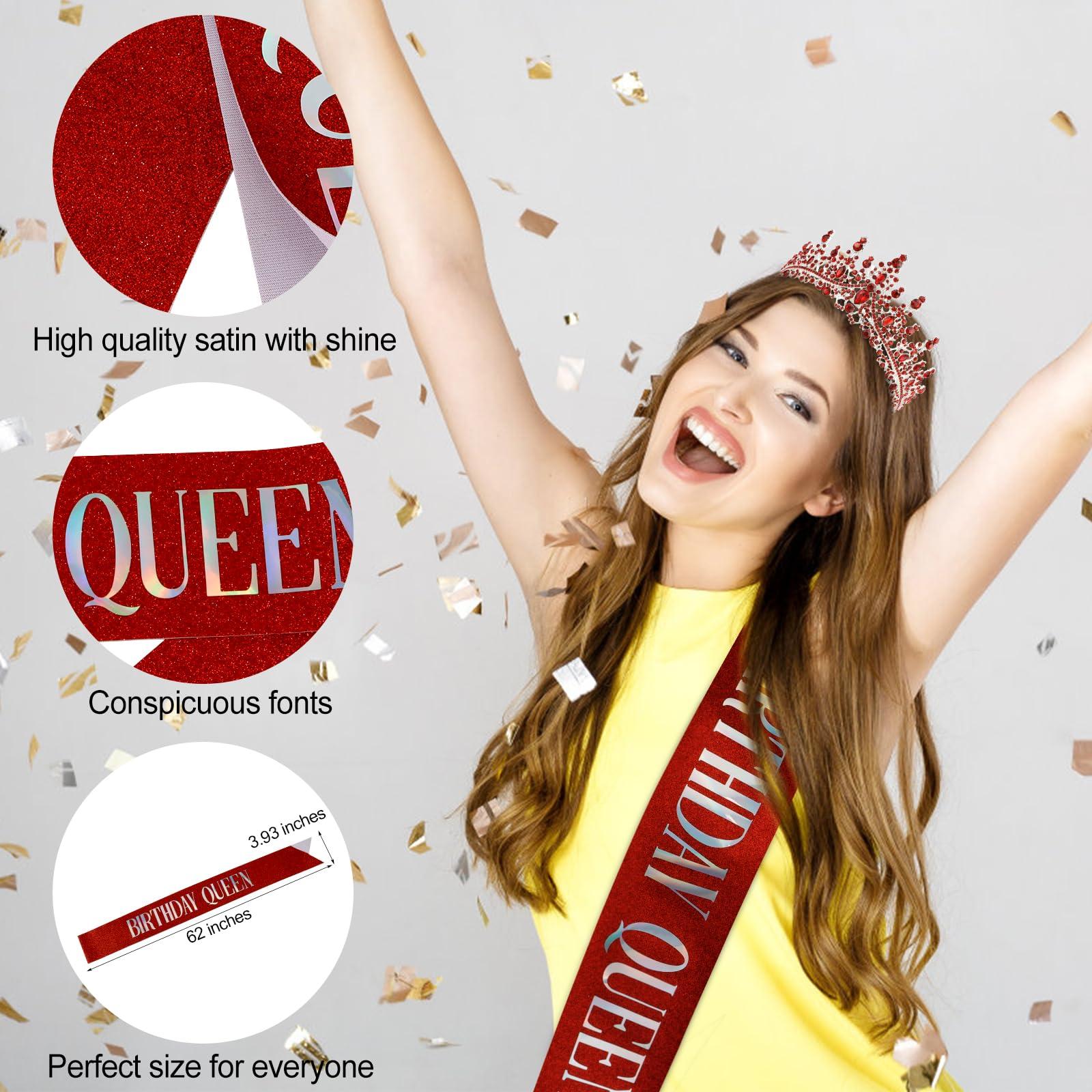 TIHEBAX Tihebax Birthday Queen Sash & Rhinestone Tiara Red Sliver Crown Birthday Sash and Tiara for Women Girls Princess Tiara Crown Birthday Accessories Headband and Sash for Girls