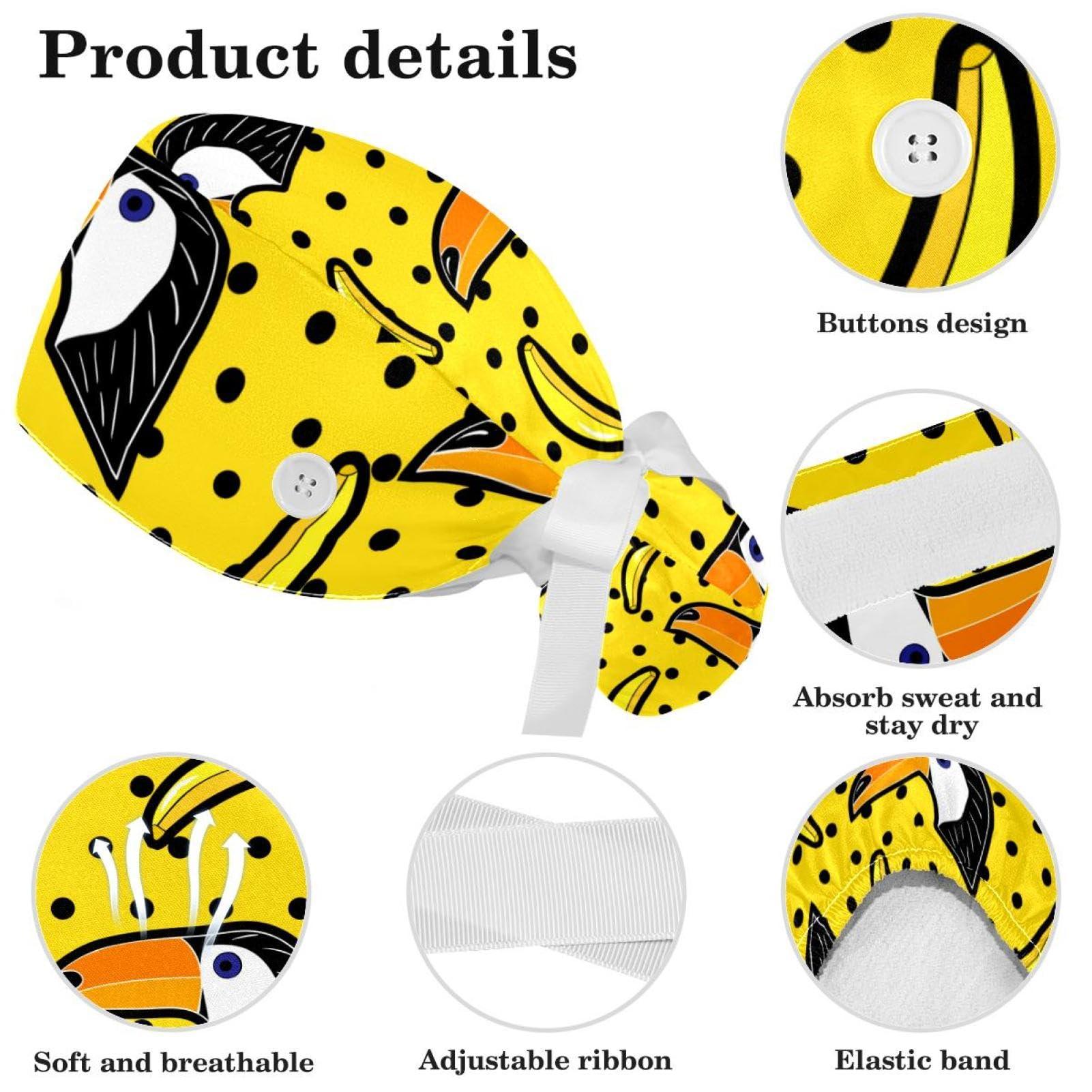 Vcedizo Toucan Birds Banana Dot Scrub Cap Women Ponytail Adjustable Tie Back Hat Surgical Hat with Bow Hair Scrunchy