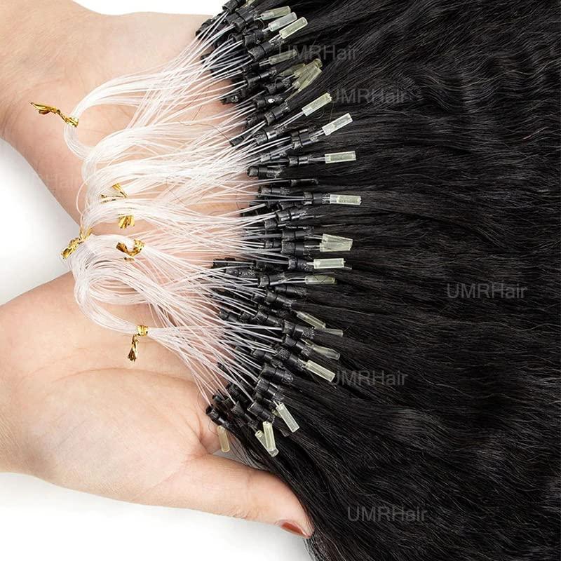 UMRHair 18inch Micro Link Hair Extensions Real Human Hair Kinky Straight 200g/Bundle 200strands Microlink Human Hair Extension for Black Women Beaded Invisilable Micro Ring Extension Natural Black