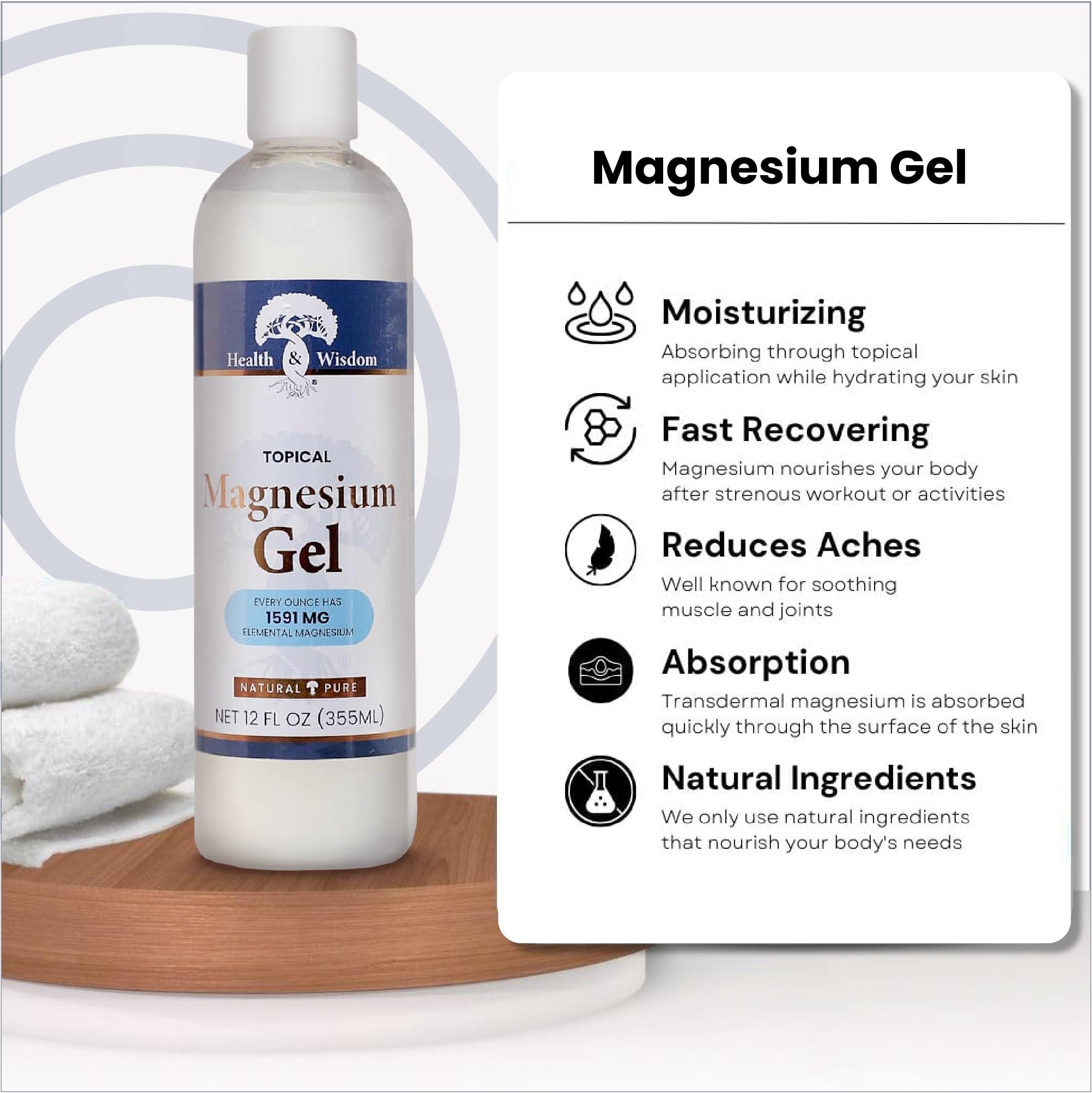 Health and Wisdom Health and Wisdom Topical Magnesium Gel with Seaweed Extract - Magnesium Gel Topical for Muscles, Magnesium Topical Gel, Gel Magnesium, All Natural Magnesium Gel, Magnesium Chloride Gel - 12 Fl Oz