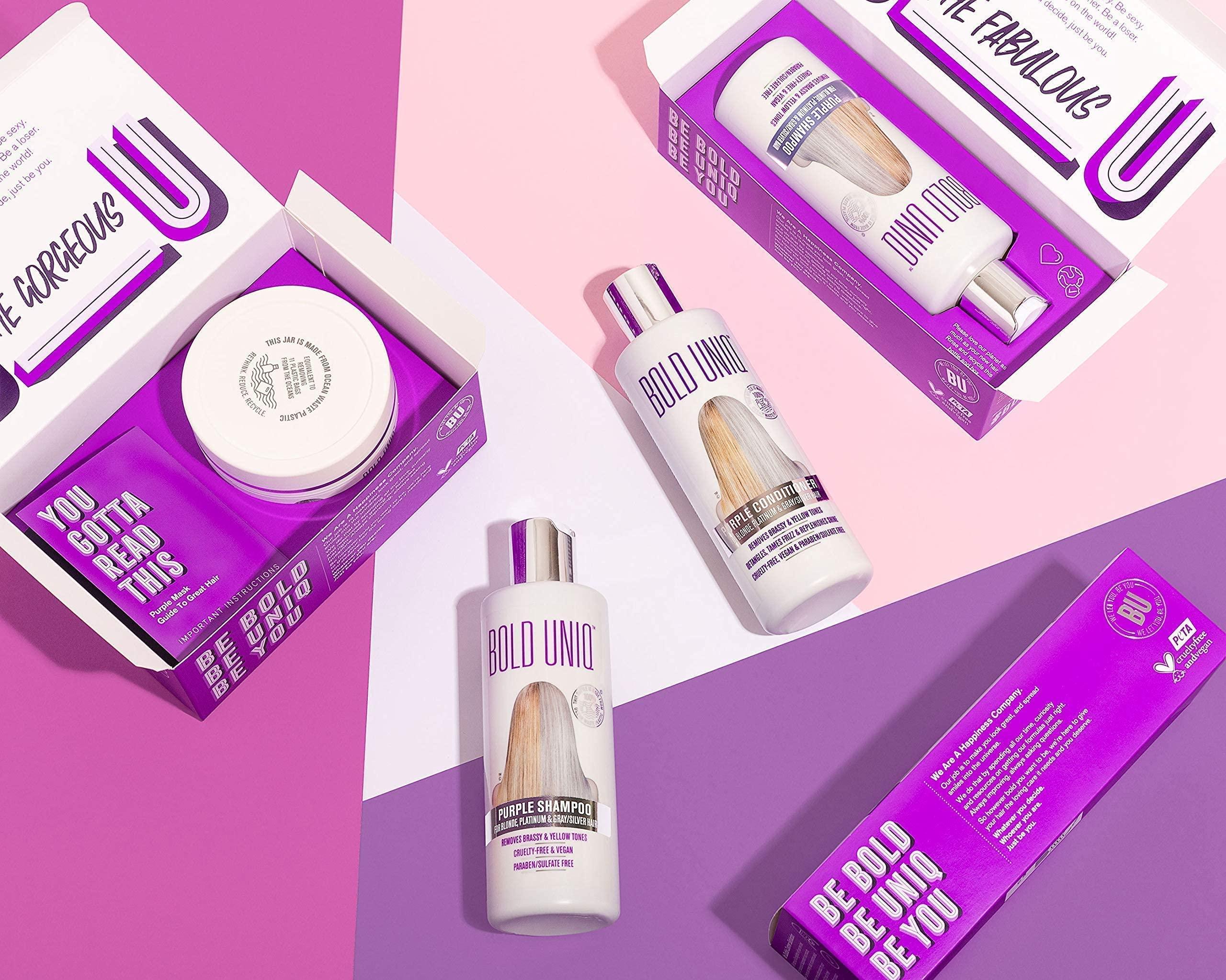 BOLD UNIQ Bold Uniq Purple Shampoo, Conditioner & Mask Bundle. Eliminates Brassy Yellow tones. Lightens Blonde, Platinum, Ash, Silver & Grays. Paraben & Sulfate Free. Vegan & Cruelty Free.
