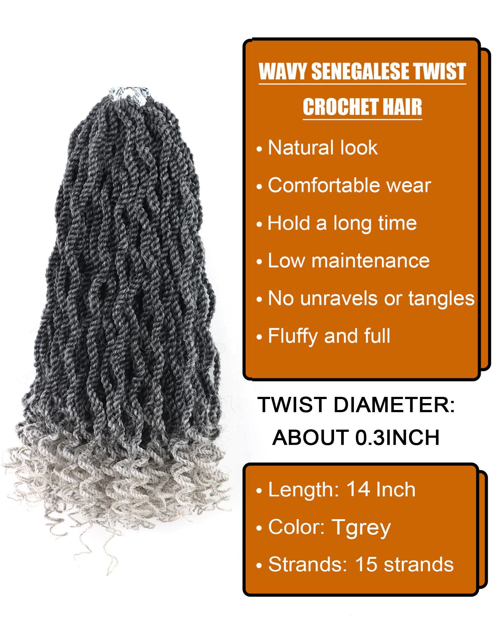 Aeagoo Crochet Hair 14 Inch Grey Senegalese Crochet Hair for Black Women 8 Packs Crochet Kinky Twist Braiding Hair Pre Looped Rope Twist Hair with Curly Ends (14 Inch,Tgrey)