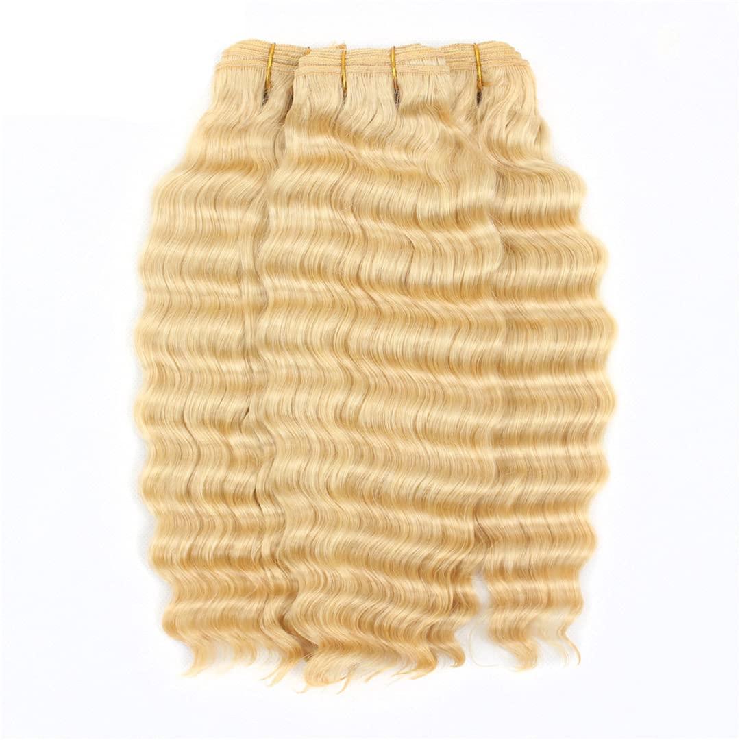 FInspiational 613 Honey Blonde Human Hair Weave 3 Bundles With Frontal Brazilian Deep Wave Hair Extensions Golden Natural Remy Hair 4Pcs/Lot #613 14 16 18 Frontal 12 Free Part