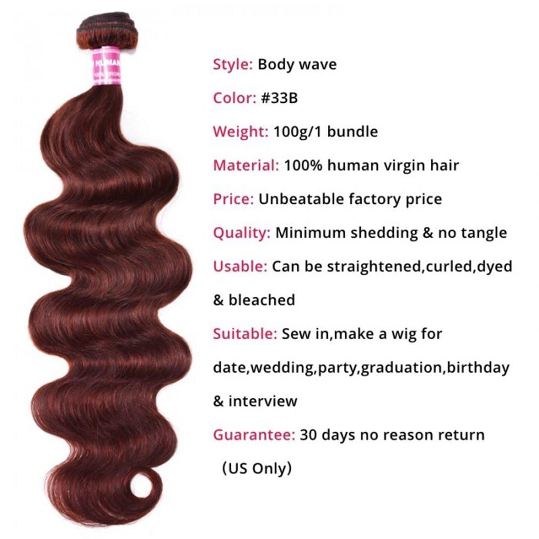 Beauty Forever Beauty Forever #33B Reddish Brown Brazilian Body Wave Human Hair Weave 1 Bundle 18 Inch,Auburn Brown Copper Red Remy Human Hair Wavy Weaves Hair Extentions