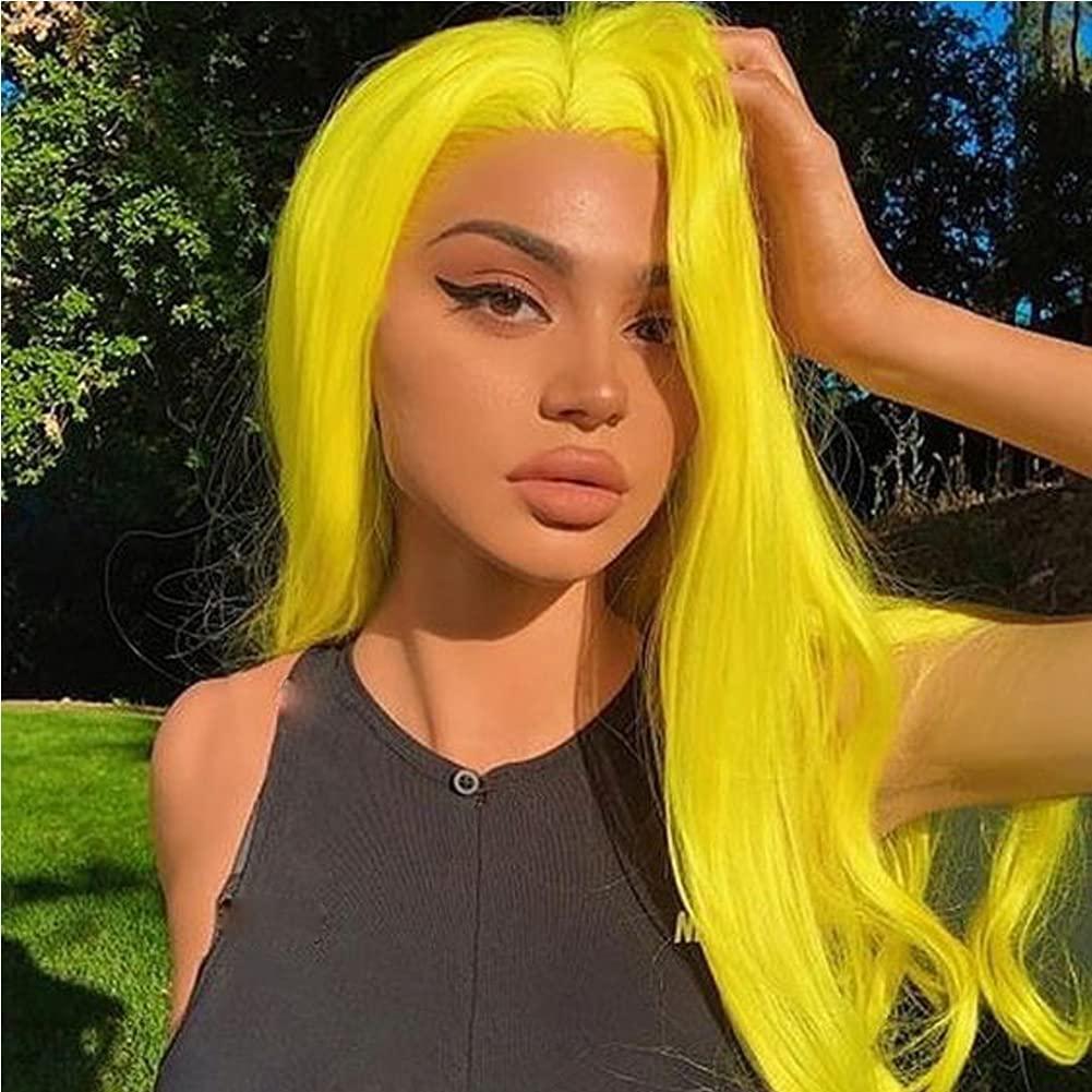 Kalisa Kalisa Yellow Lace Front Wig for Women Long Wavy Lemon Yellow Free Parting Wig Heat Resistant Fiber Synthetic Glueless Wigs Daily Wear Cosplay