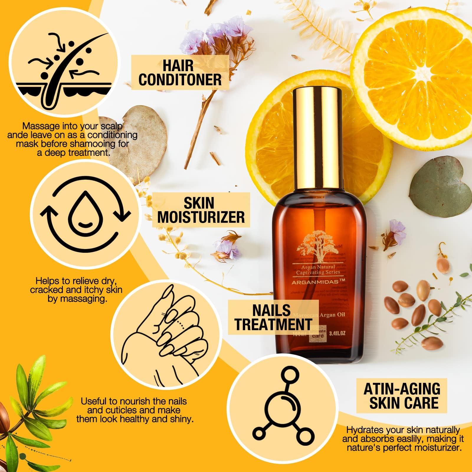 ARGANMIDAS ARGANMIDAS Hair Oils, Moroccan Argan Oil for Hair and Face Skin Moisturizer, Leave Hair Soft & Shiny, Hair Treatment oil for Men Women Dry Damaged Frizzy Hair, 3.4 Fl Oz