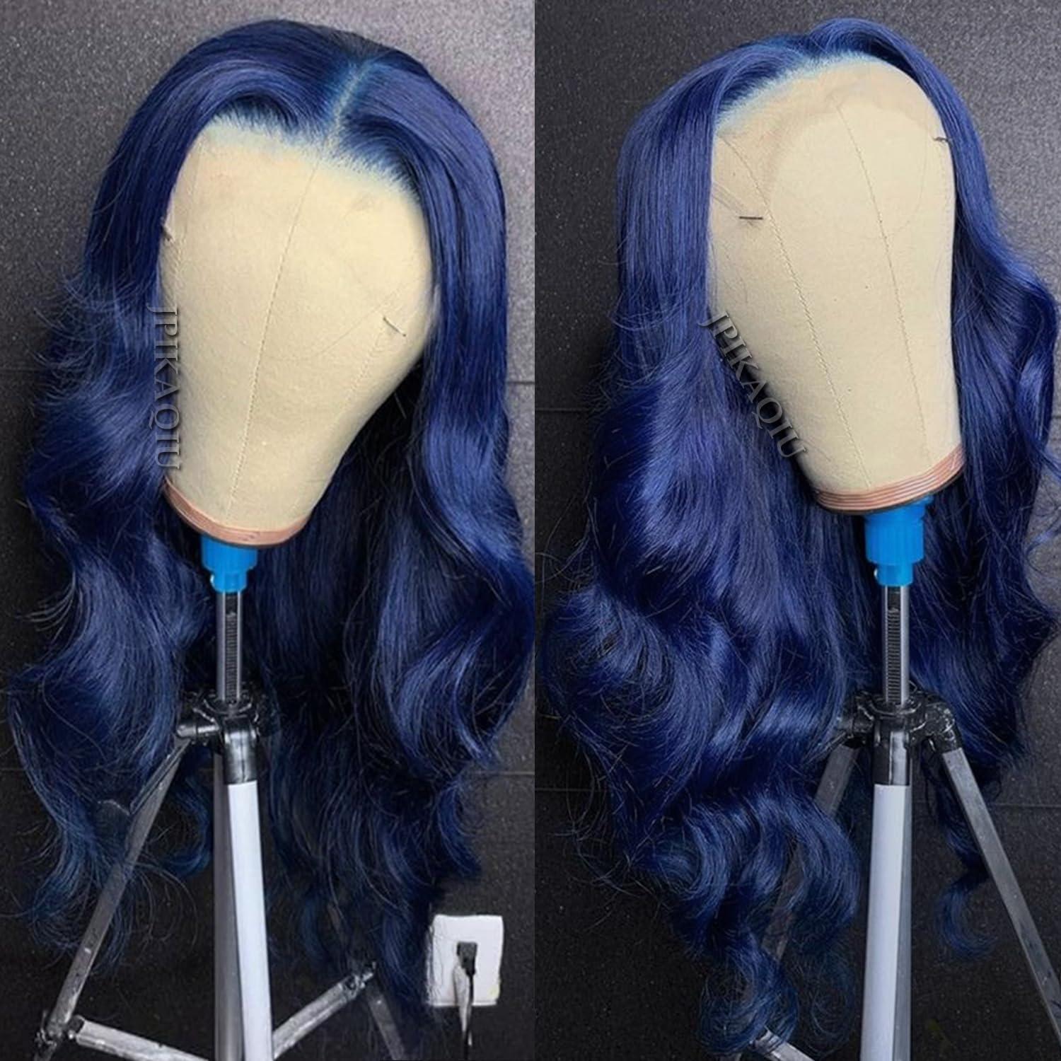 JPIKAQIU JPIKAQIU 24 Inch Dark Blue Wig Blue Lace Front Wig Pre Plucked Long Body Wave 13x3 HD Lace Wig Glueless Navy Blue Colored Synthetic Lace Front Wigs For Fashion Women