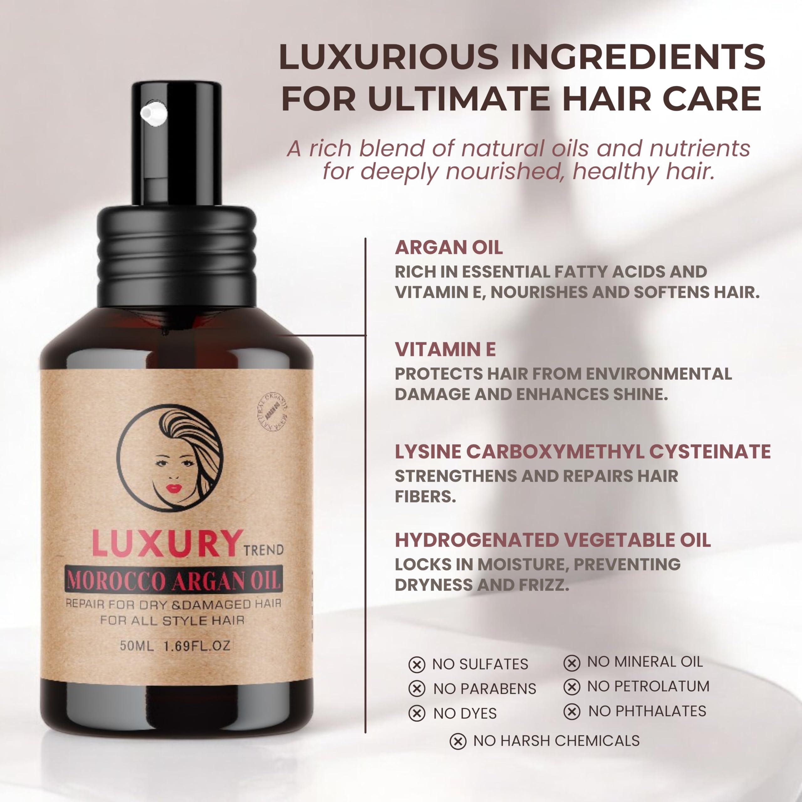 LUXURY TREND LUXURY TREND Pure Morocco Argan Oil - Nourishing Hair Oil for Silky, Frizz-Free Locks - Vitamin E & Fatty Acids Rich, Sulfate-Free Treatment for All Hair Types, 1.69 Oz