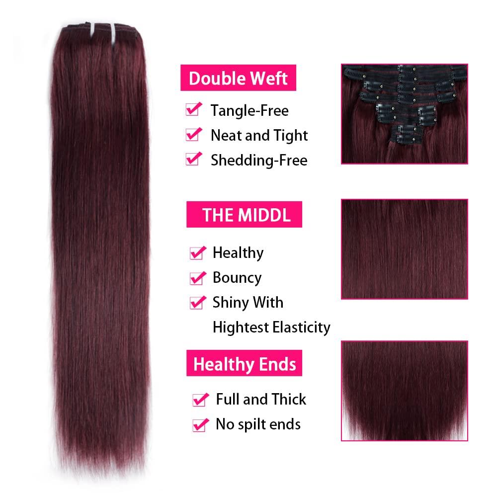 Nvnvdij Burgundy Red Hair Extensions Clip in Human Hair Double Weft Clip in Hair Extensions Red Wine Clip in Extensions Human Hair Full Head #99J (22 Inch #99J)