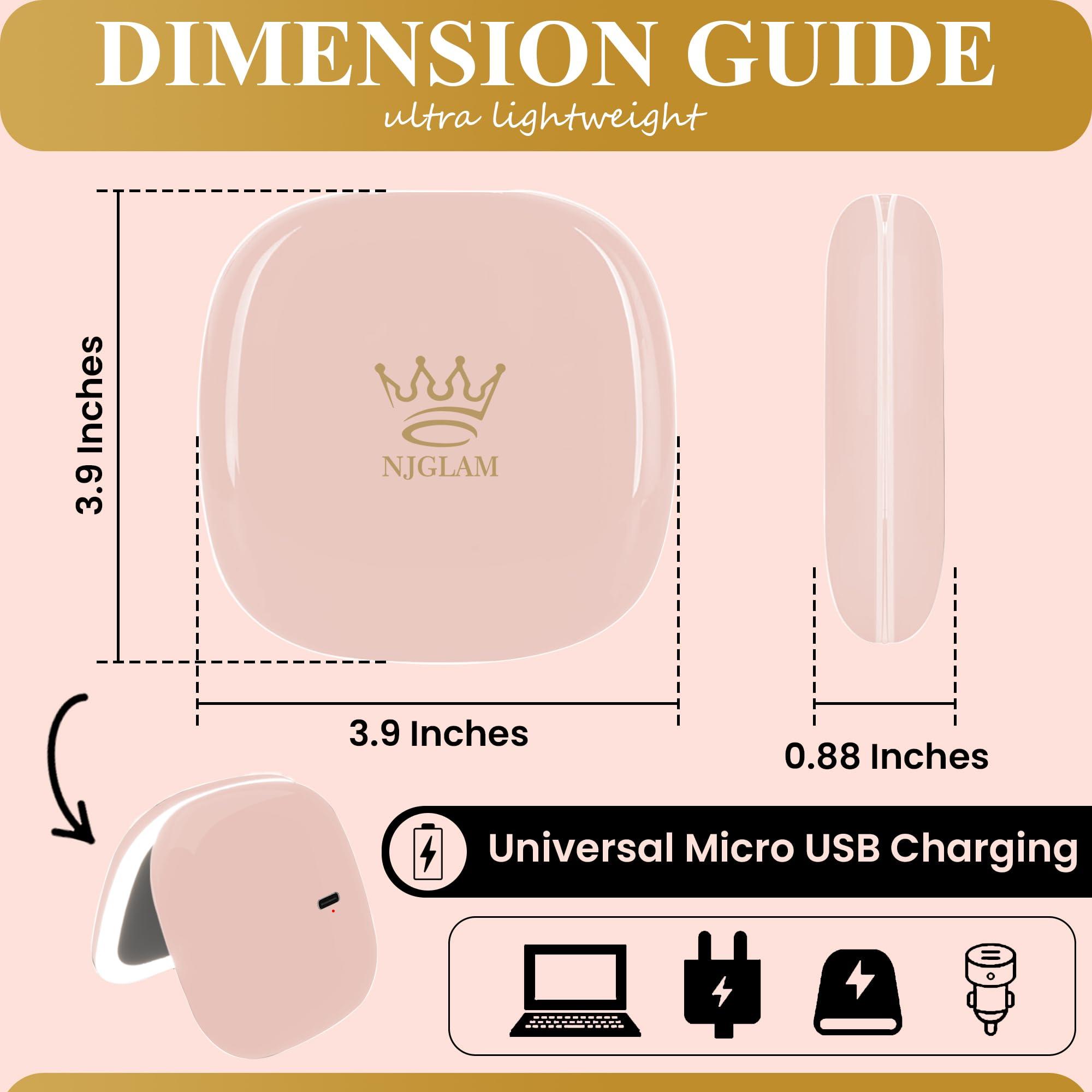 NJ GLAM NJ GLAM Led Compact Mirror, 1X /10X Magnification, 3.9\" X 0.9\" Portable Double Sided Lighted Makeup Mirror, USB Charging, 3 Light Setting and Dimmable, Memory Touch Switch (Pink)